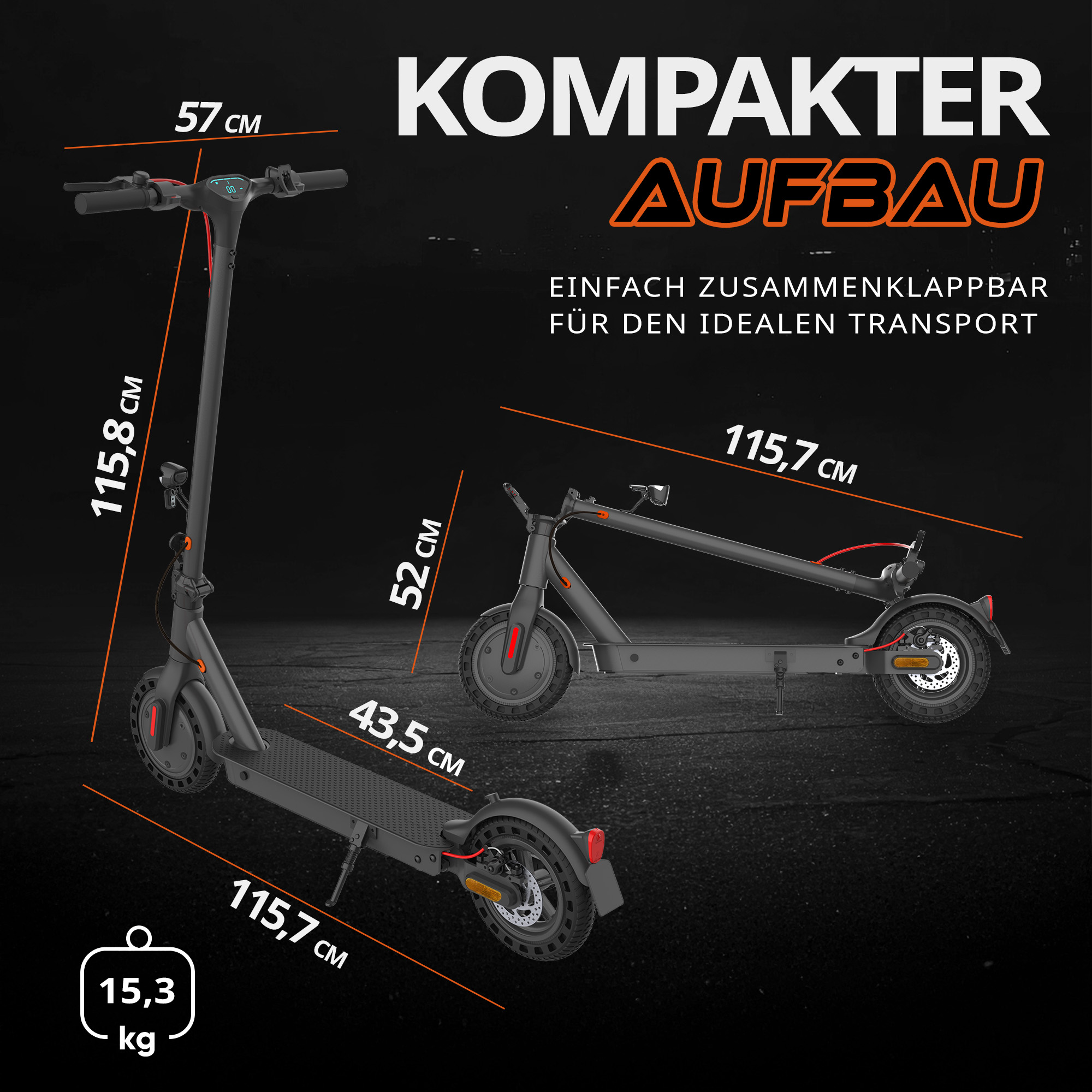Grauer Elektroroller mit Maßen und Gewicht. Kompakter Aufbau.
