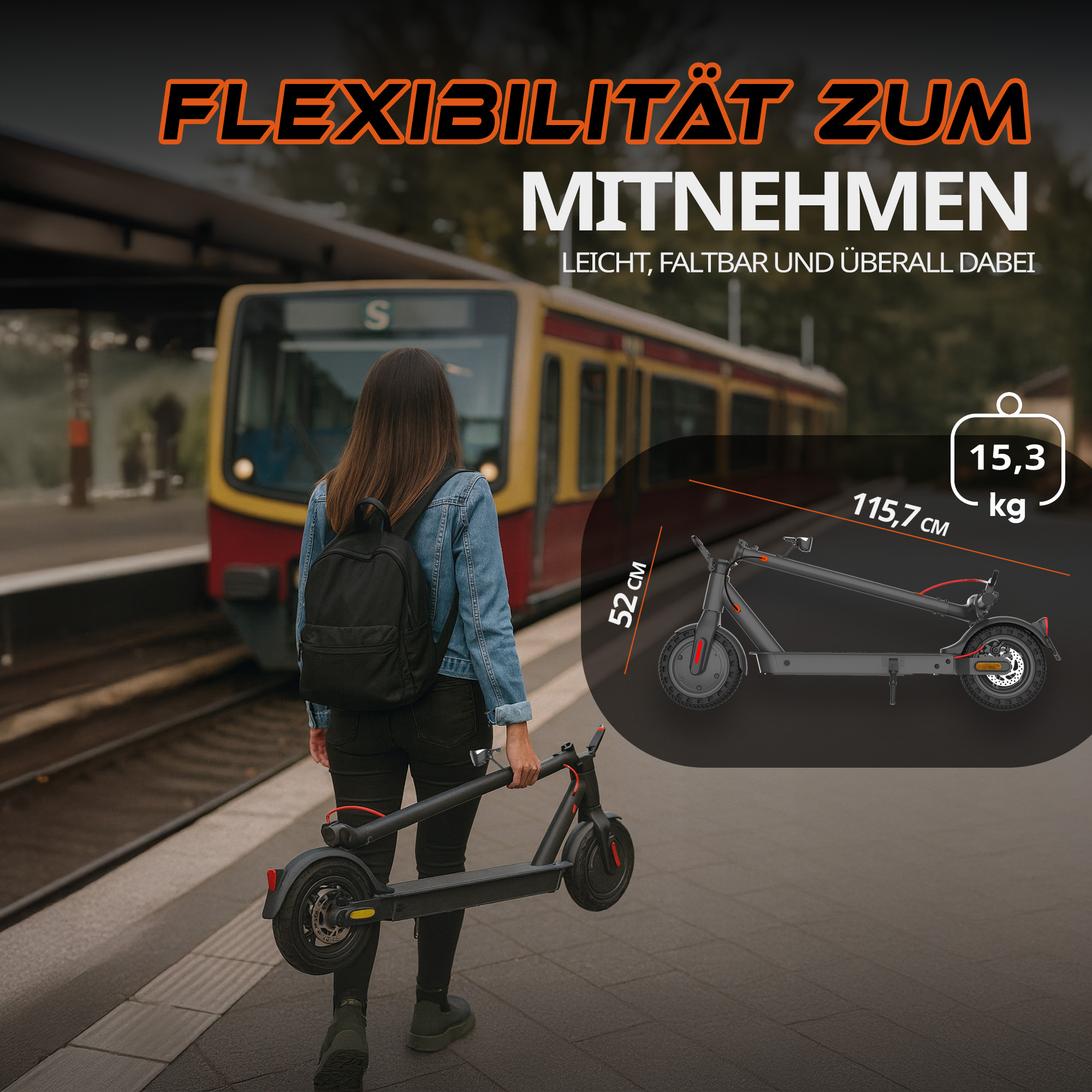 Frau mit Rucksack hält Roller am Bahnsteig, neben einem Zug. Technische Daten.