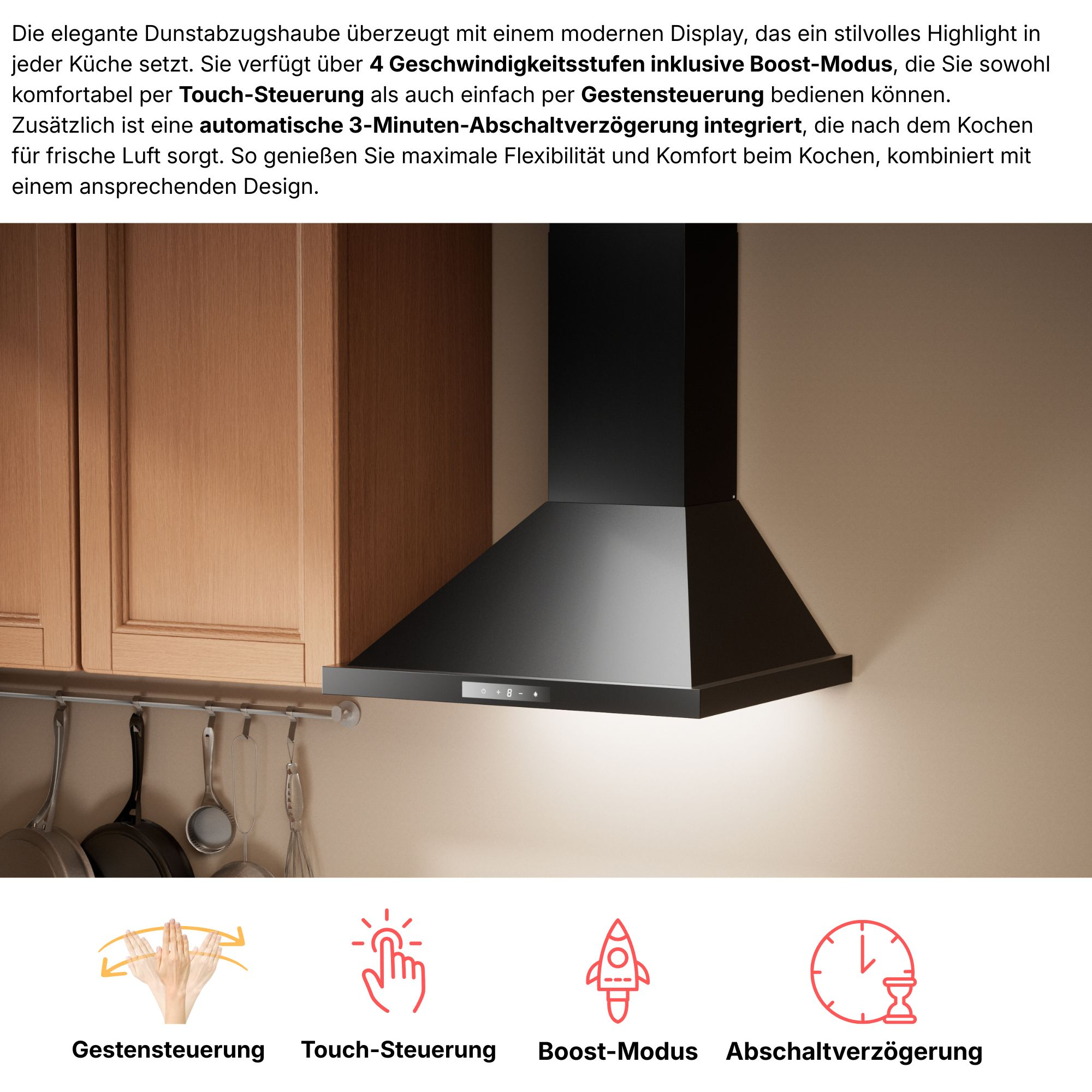 Elegante schwarze Dunstabzugshaube mit Touch-Bedienung, über Holzschränken.
