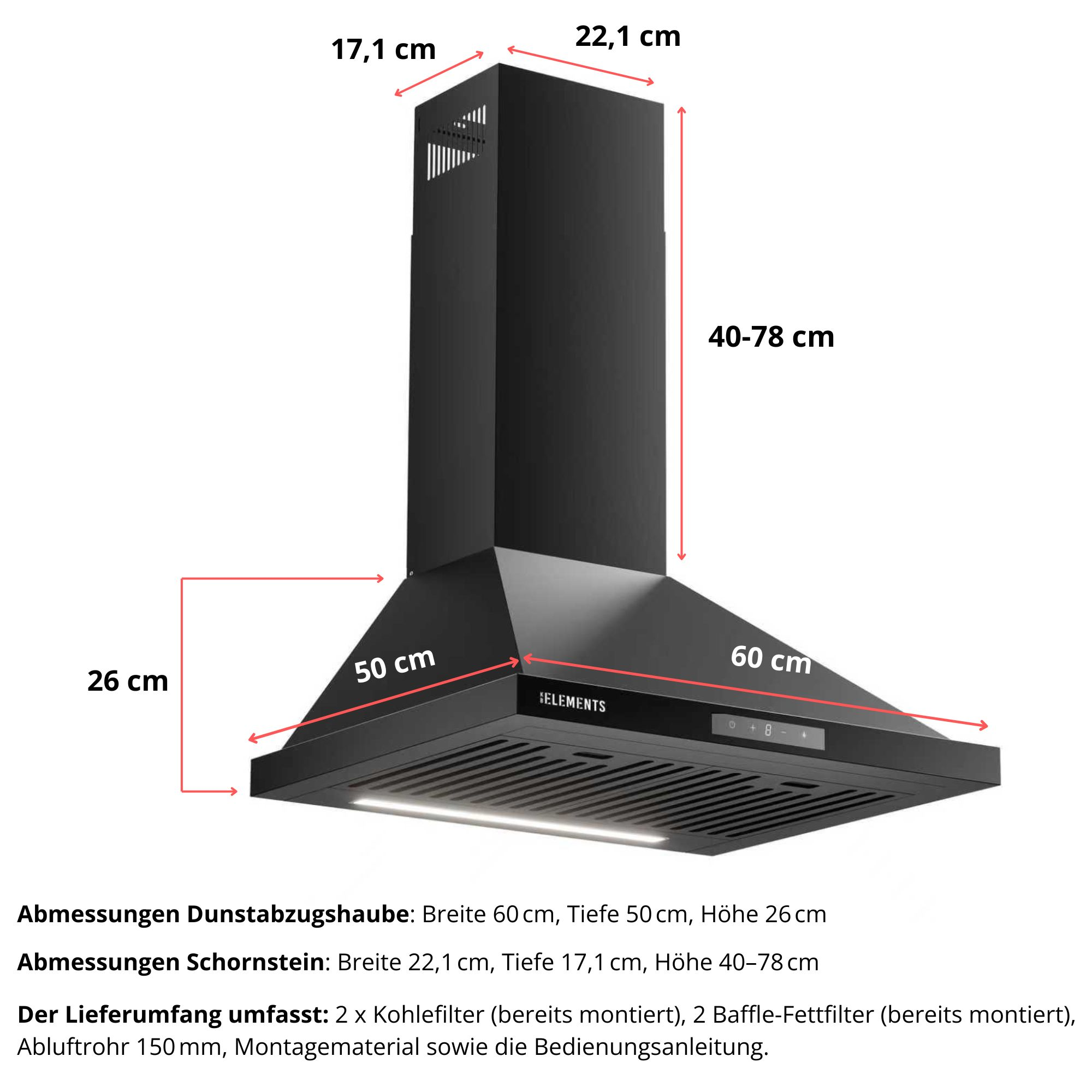 Schwarze Dunstabzugshaube mit Maßen und Elementen beschriftet.