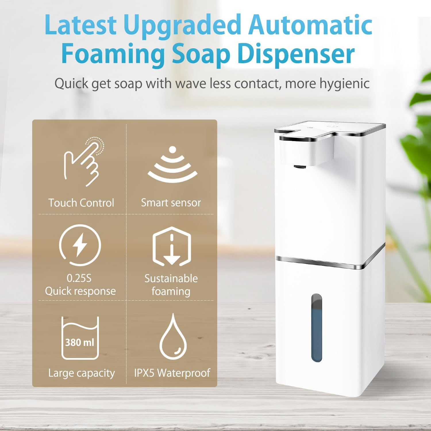 Ein weißer Schaumseifenspender mit Touch-Control und Sensor. Links sind Merkmale aufgelistet.
