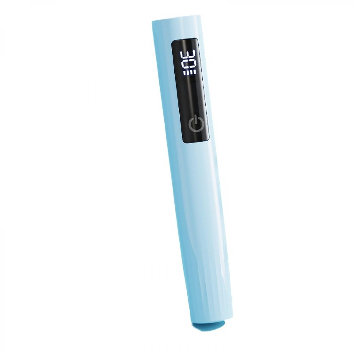 Ein hellblaues Digitalstift mit schwarzem Bildschirm, zeigt „30C“ und ein Power-Symbol.