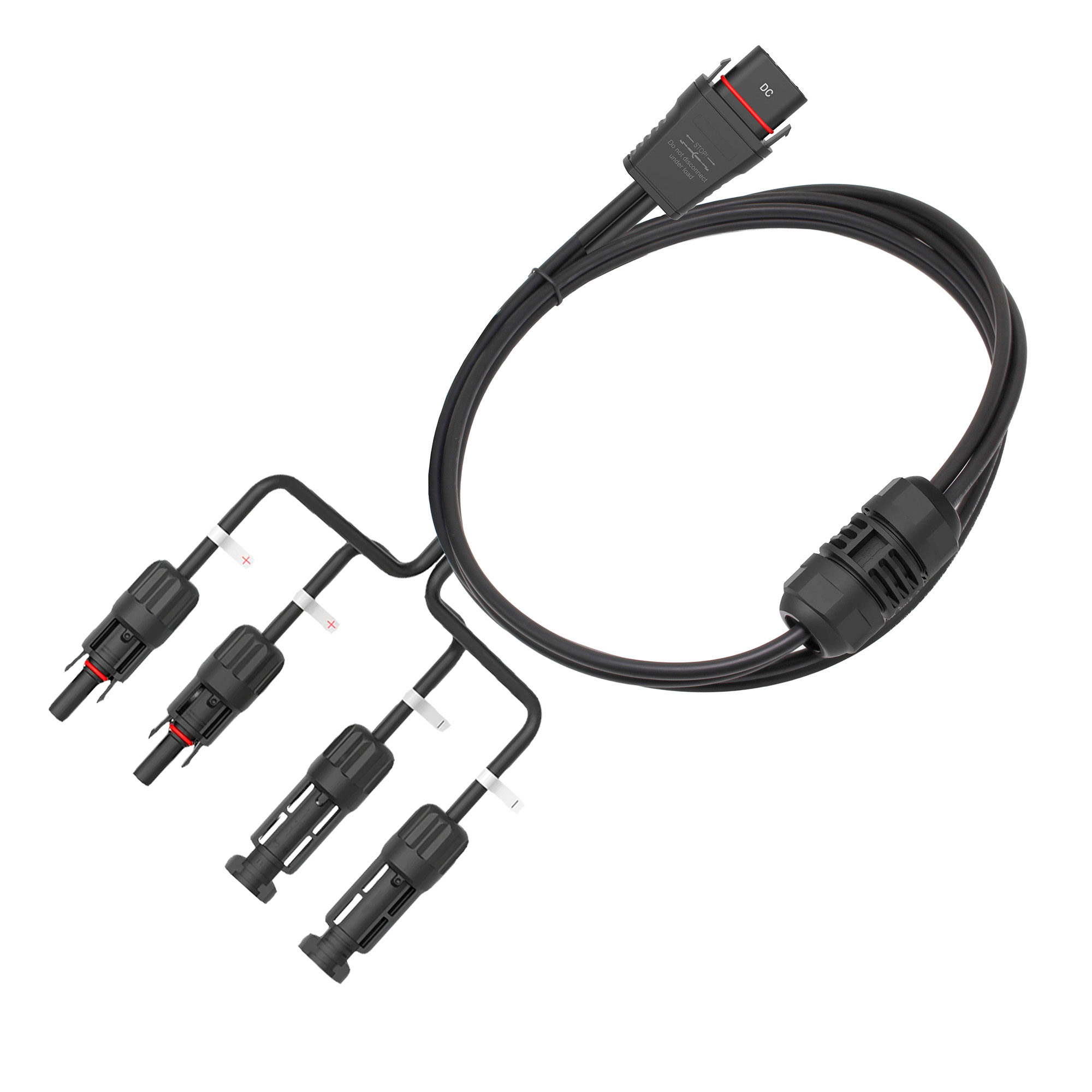 Schwarzes DC-Kabel mit 3 Anschlüssen und einem Hauptstecker.