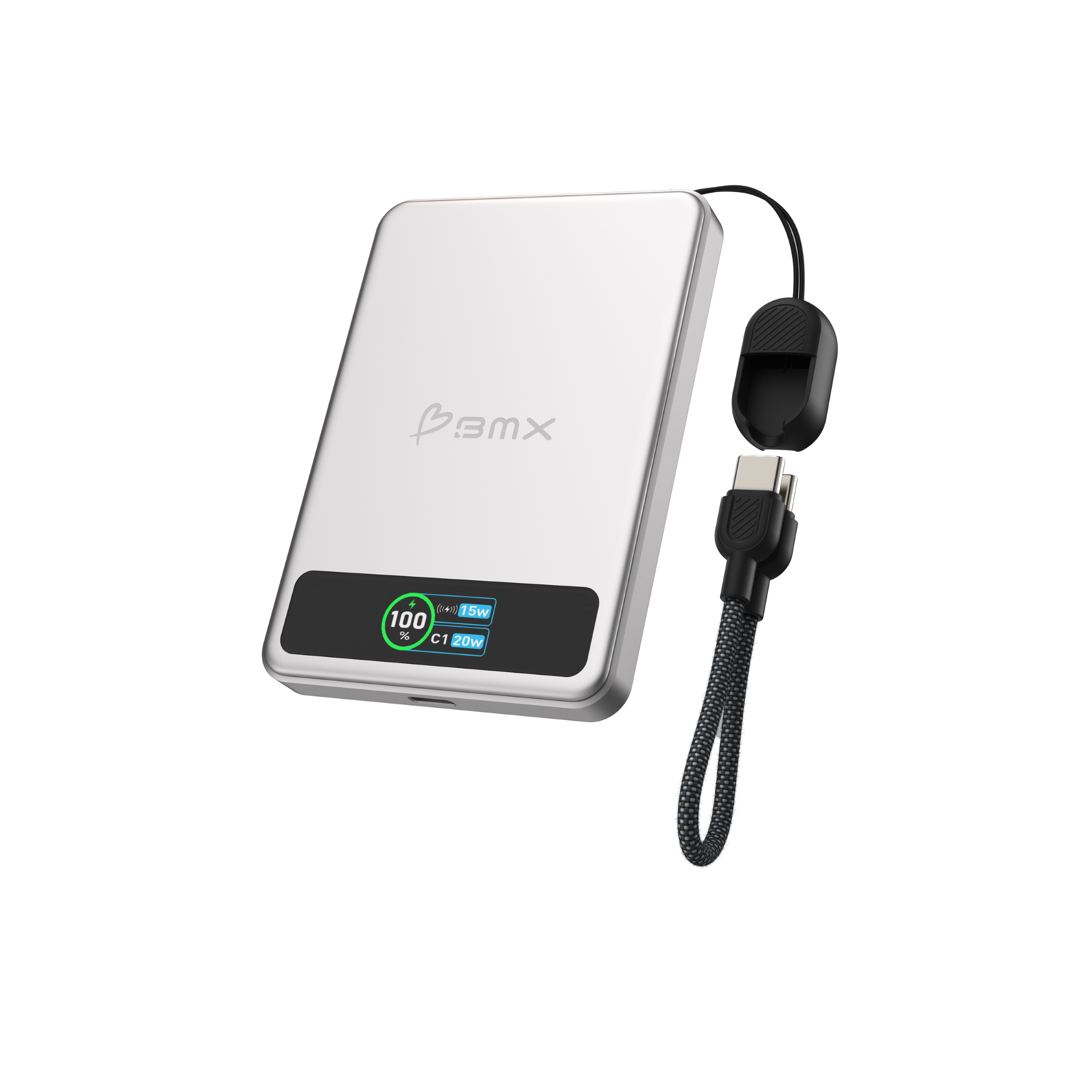 Eine silberne Powerbank mit Digitalanzeige, 100% Ladung und 15W/20W Ausgang.