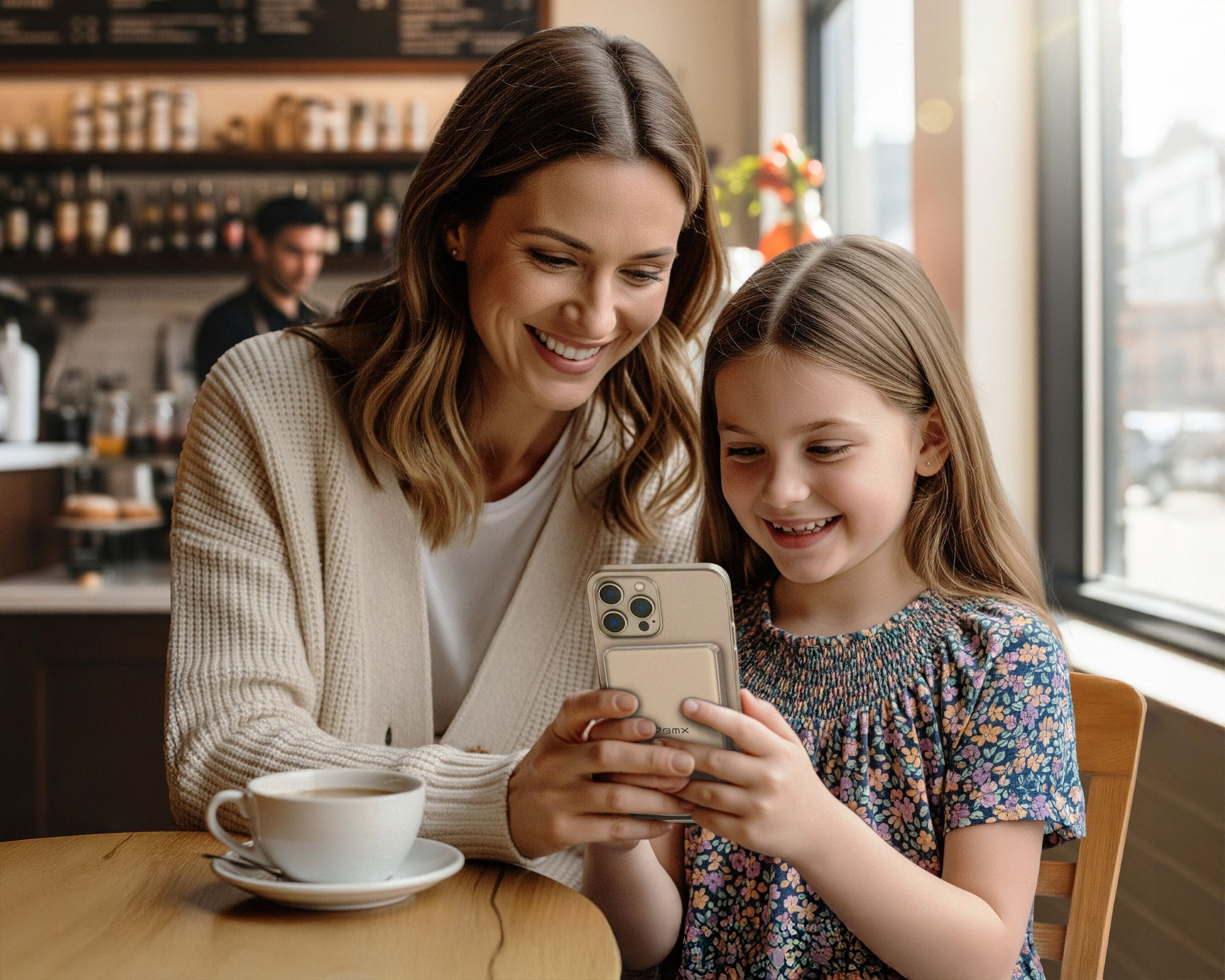 Frau und Kind schauen auf ein Handy, Kaffee auf dem Tisch.