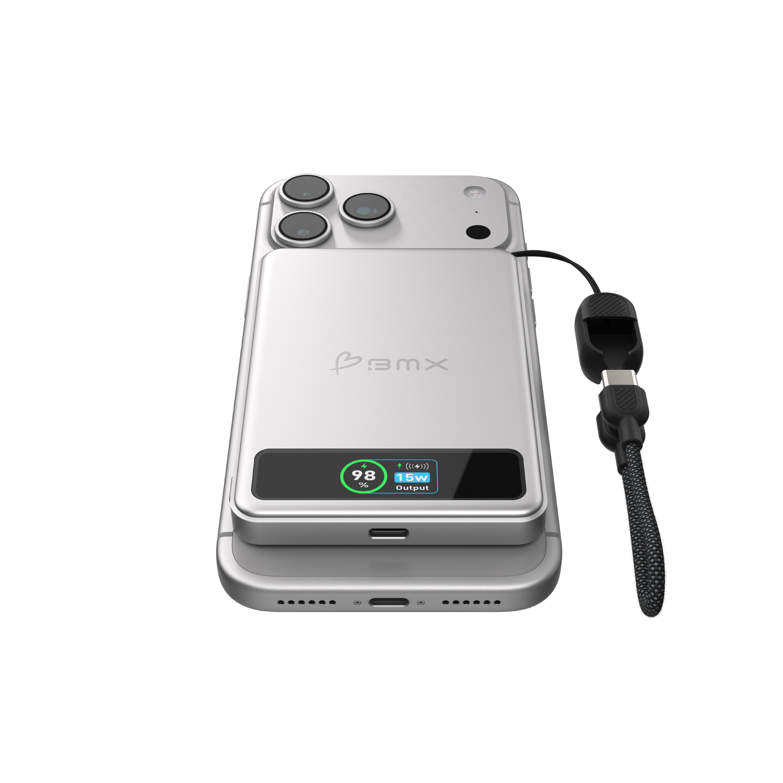 Ein silbernes Smartphone mit einer Ladehülle, verbunden über USB-C.
