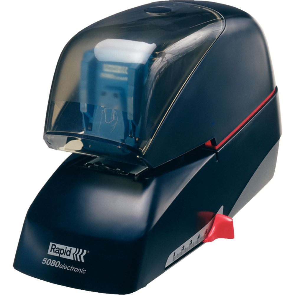 Ein schwarzer elektrischer Tacker mit transparentem Deckel und roter Akzentlinie.