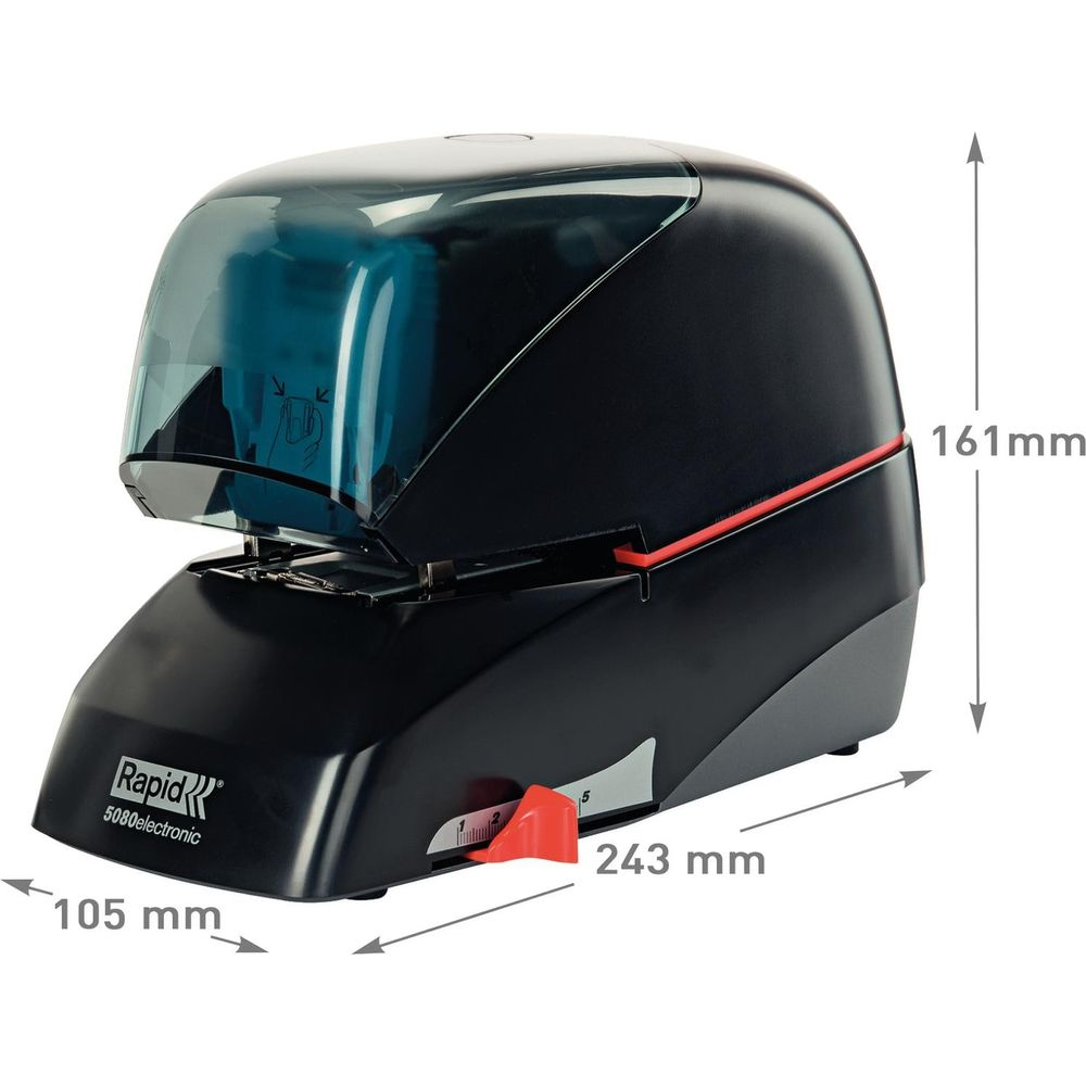 Schwarzer Rapid 5080electronic Tacker mit roten Akzenten und Maßangaben.