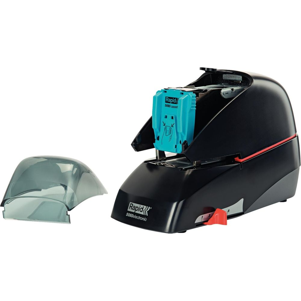 Ein schwarzer Elektronenhefter mit blauem Kassettenfach und abgenommenem Schutzdeckel.