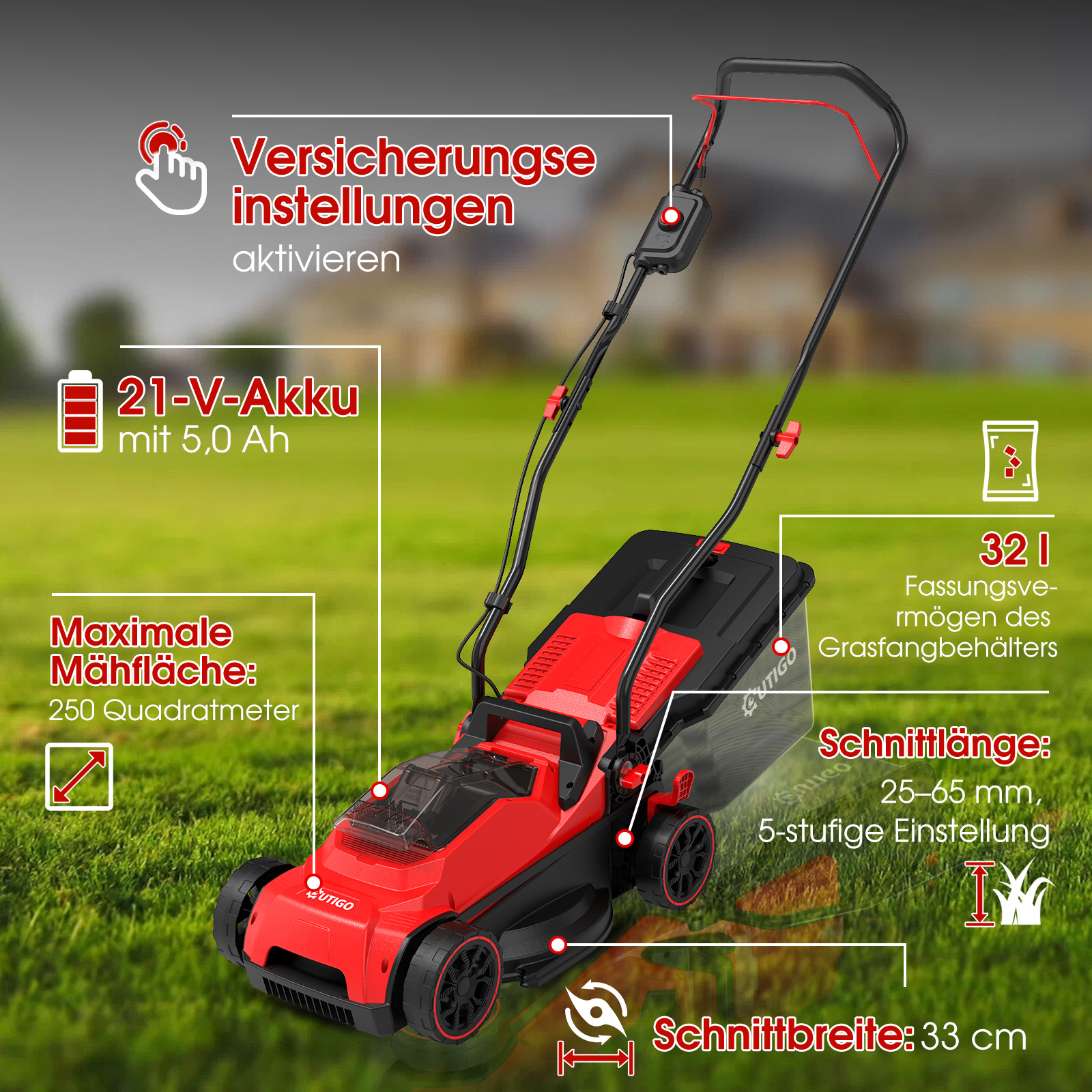 Ein roter und schwarzer Akku-Rasenmäher mit technischen Details auf Deutsch.
