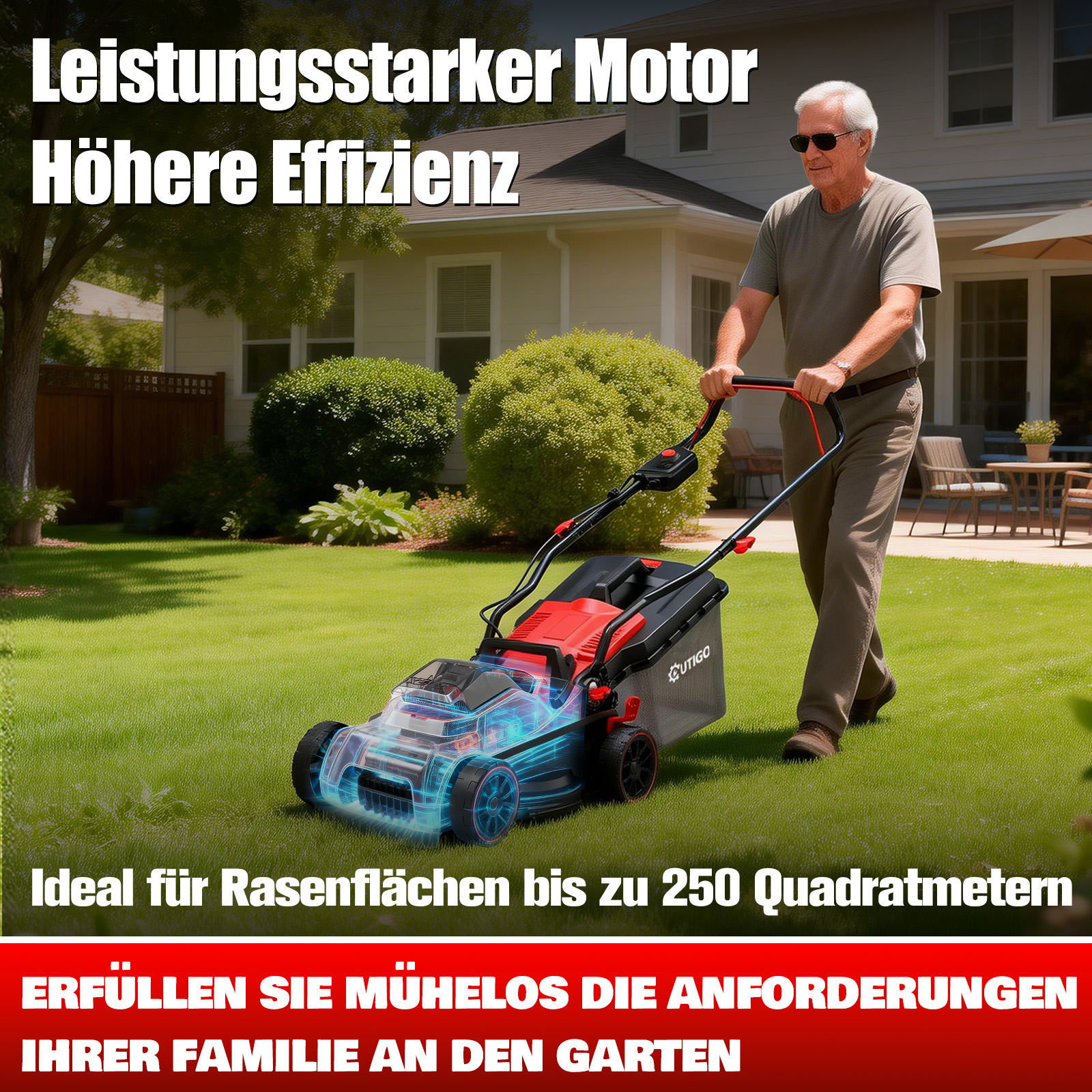 Ein älterer Mann schiebt einen Rasenmäher in einem sonnigen Garten.