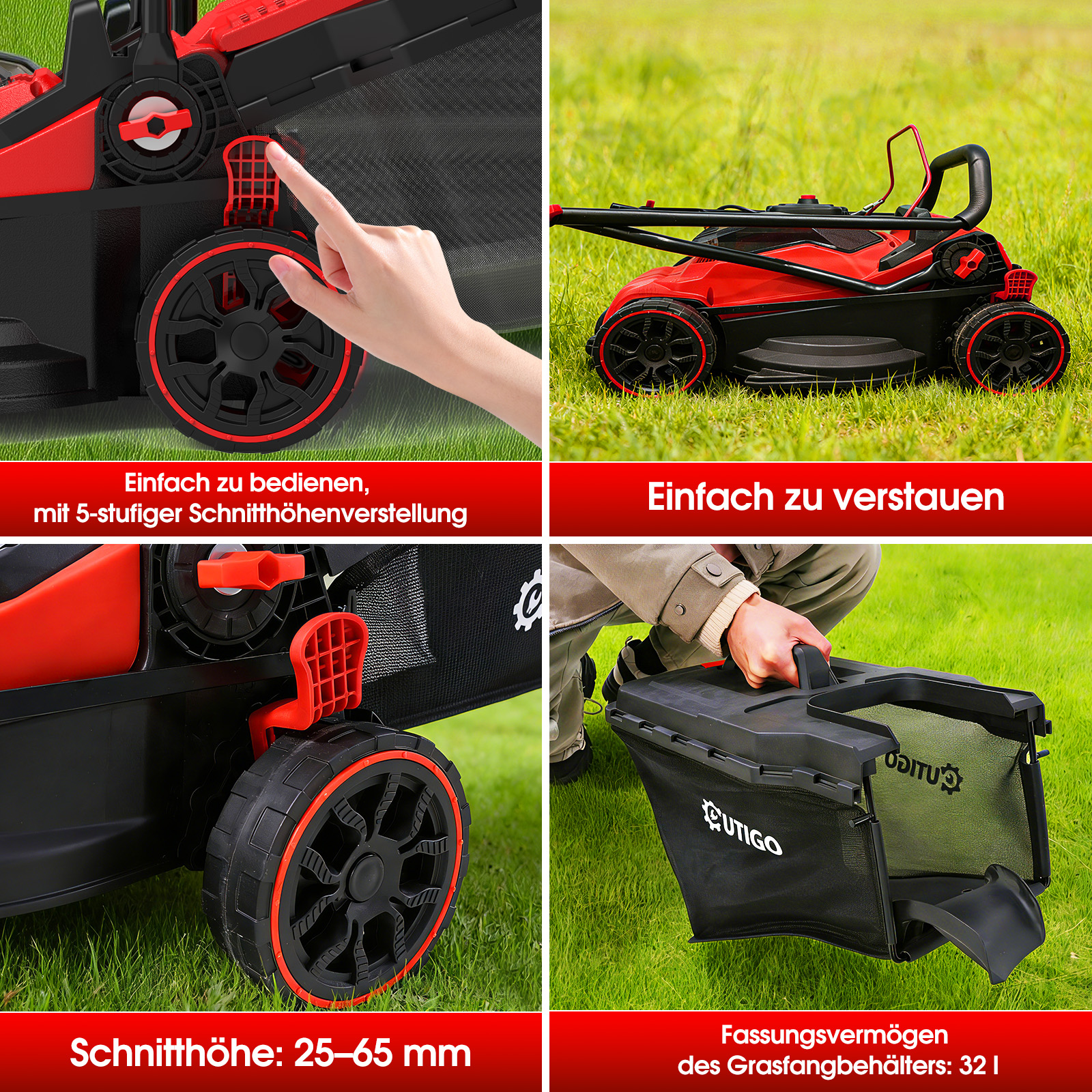 Vier Bilder zeigen einen roten Rasenmäher, seine Bedienelemente und den Grasfangkorb.