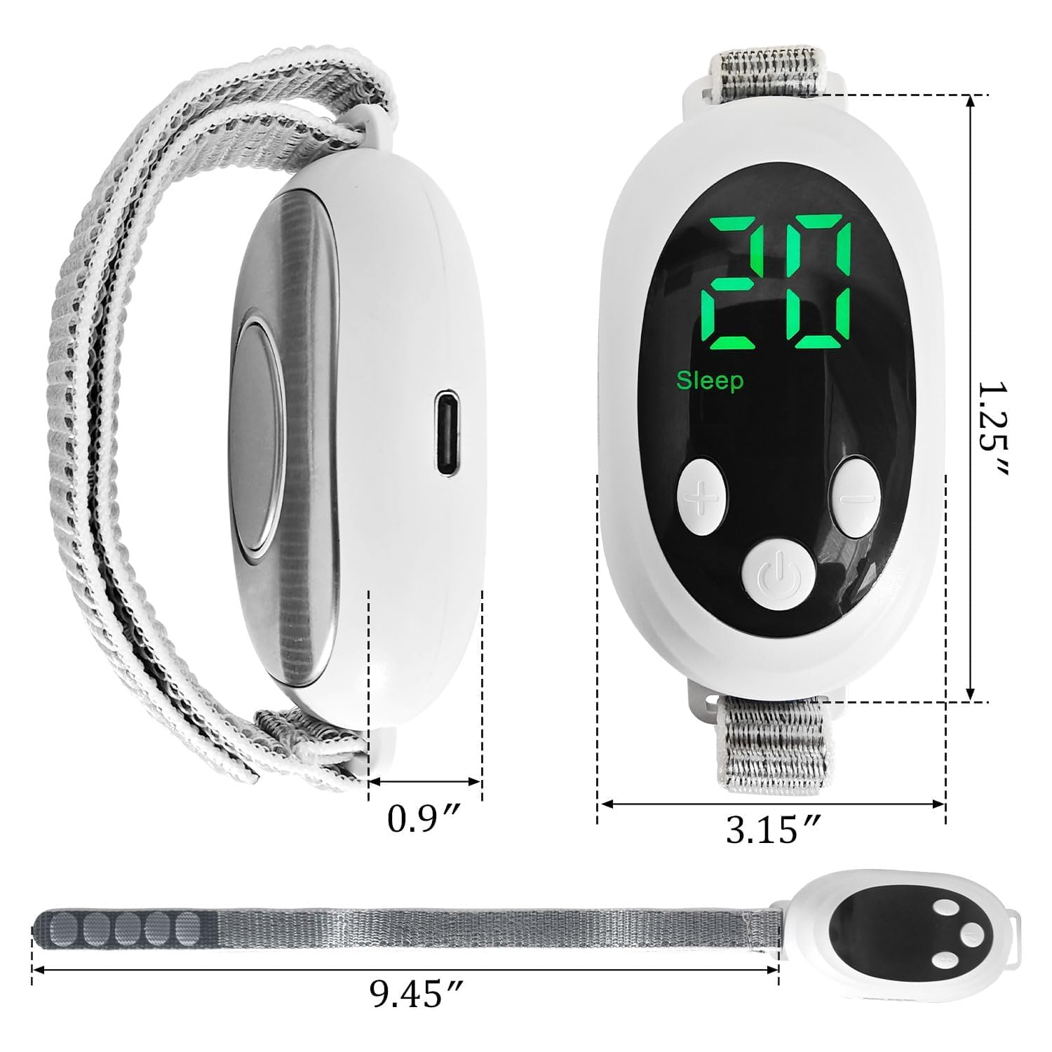 Ein weißes Gerät mit einem Armband, das die Schlafzeit anzeigt.
