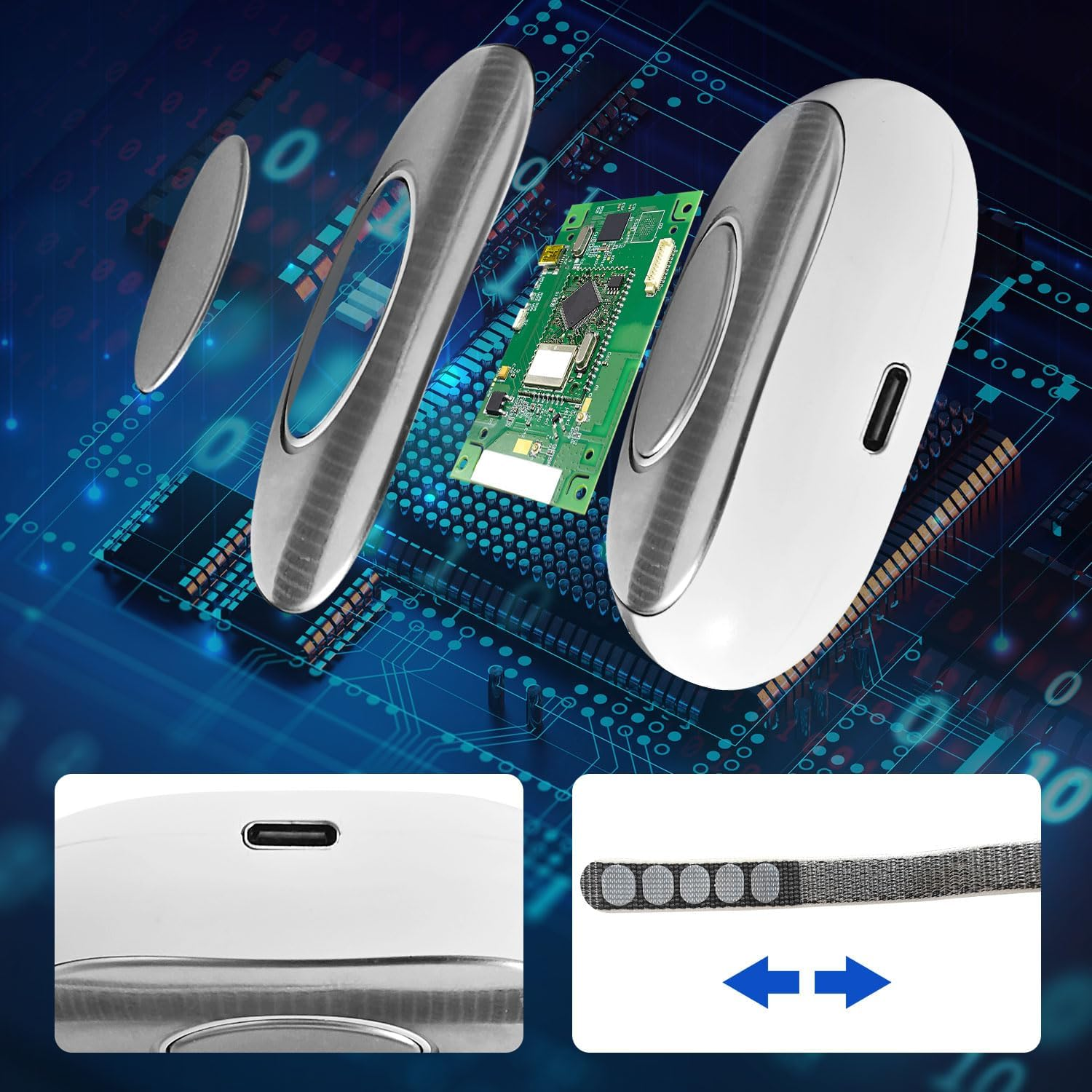 Explodierte Ansicht eines weißen Geräts mit Leiterplatte, USB-C-Anschluss und Riemen.