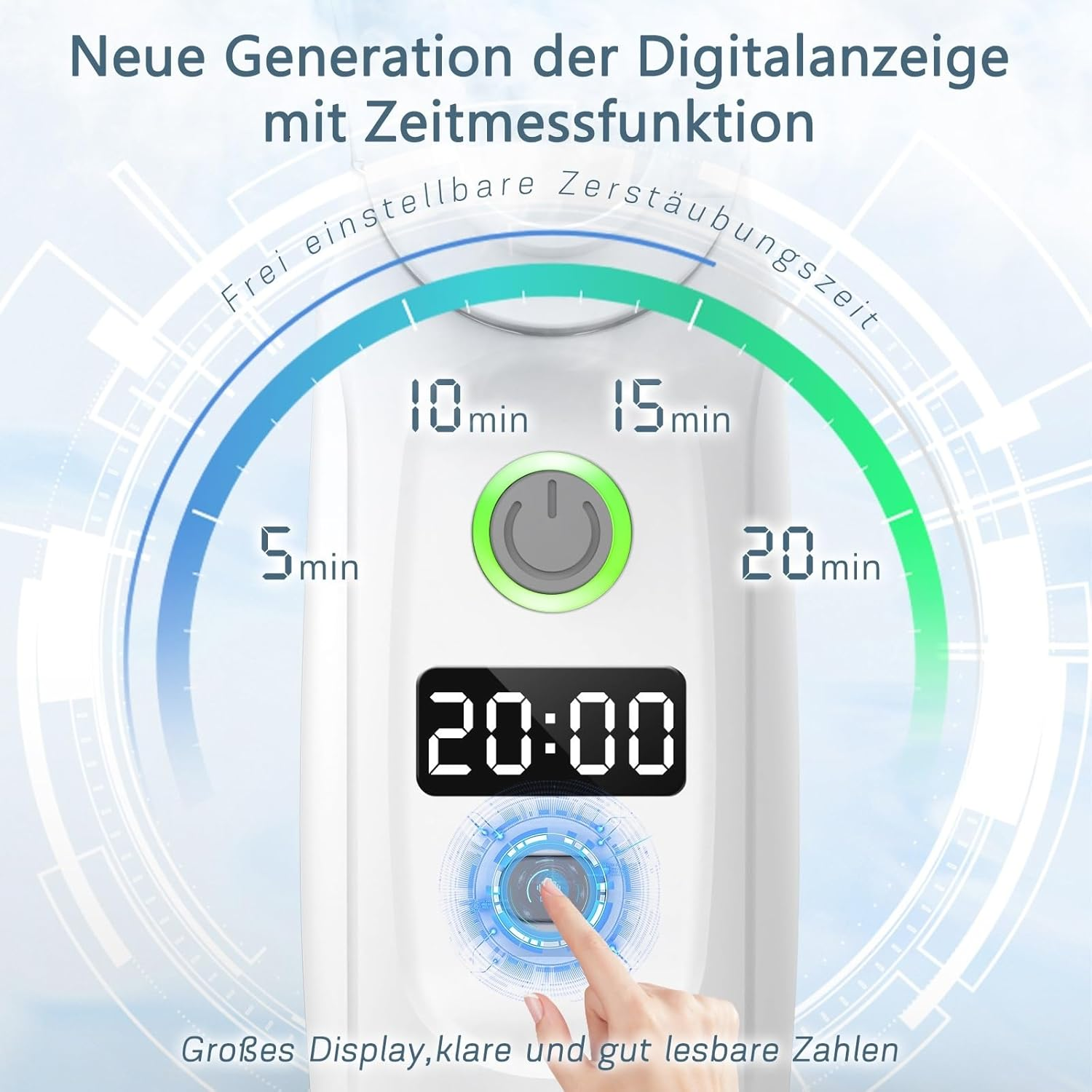 Weiße Digitalanzeige mit Timer-Funktion, Zeitwahl und Startknopf.
