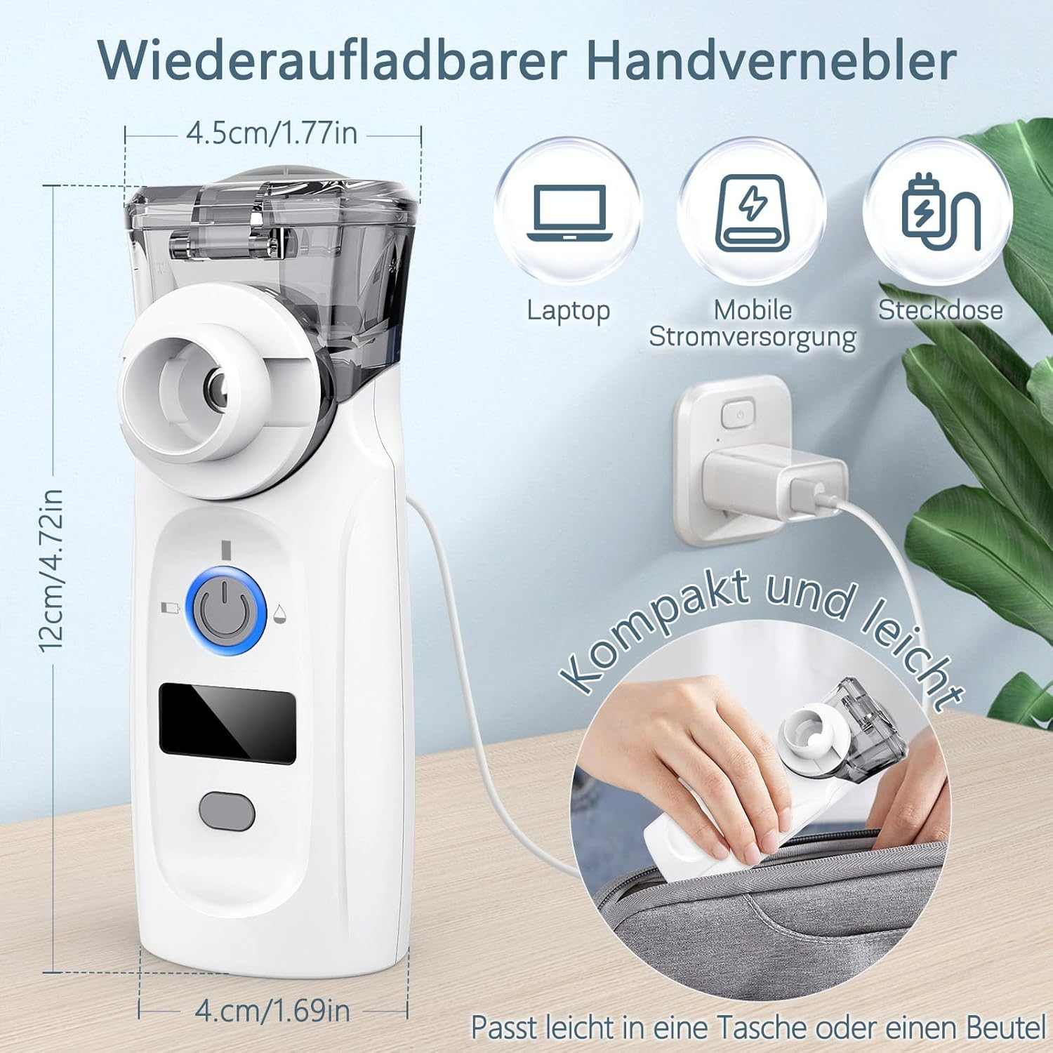 Wiederaufladbarer Handvernebler mit Ladeoptionen wie Laptop, Stromversorgung und Steckdose.