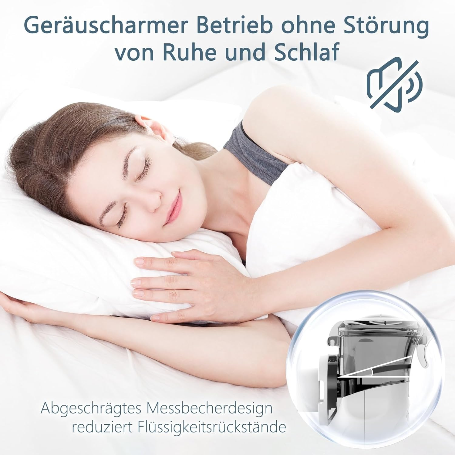 Eine Frau schläft friedlich auf einem weißen Kissen, mit einem Symbol für leisen Betrieb.