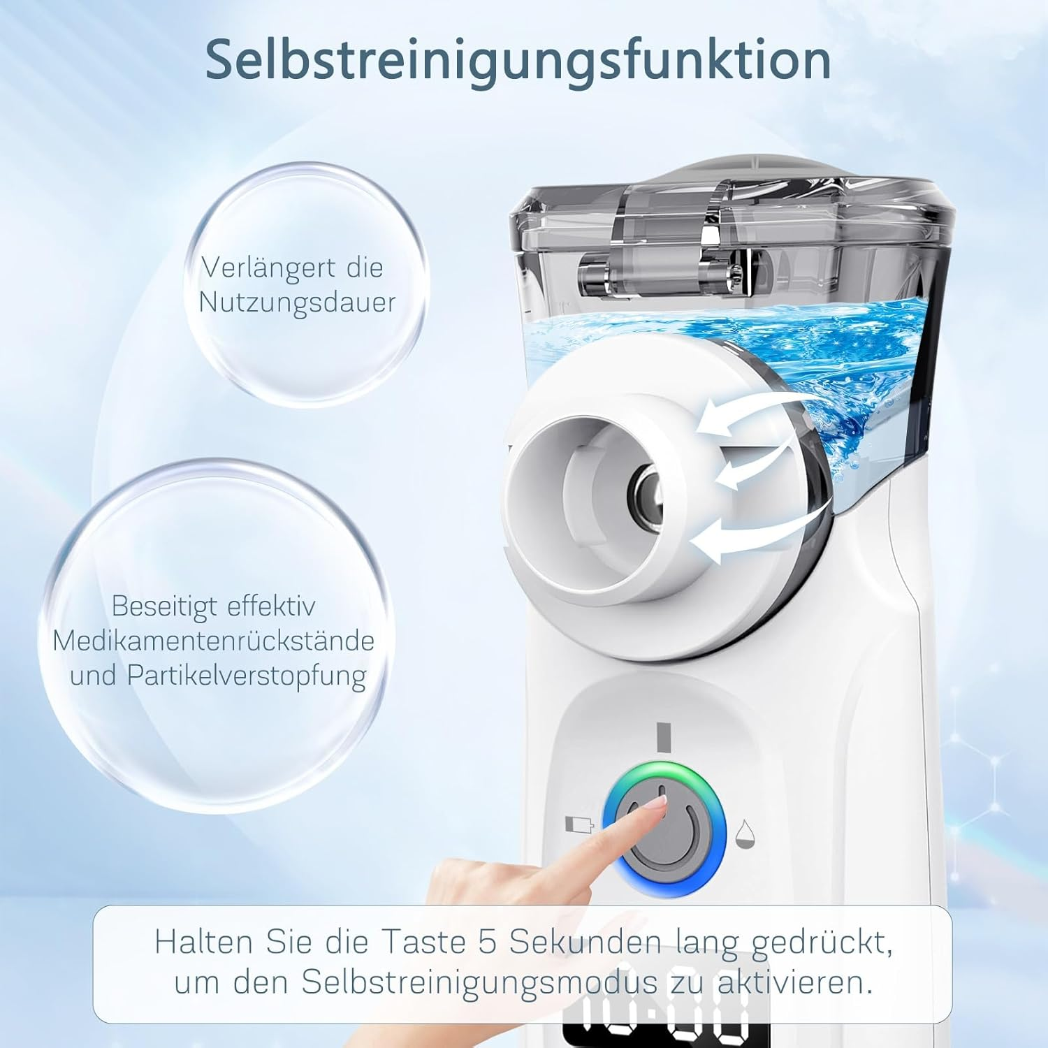 Ein weißes Verneblergerät mit Wassertank und ein Finger, der den Knopf drückt.