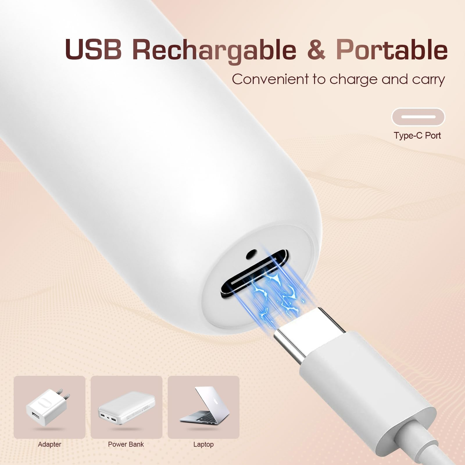 Weißes USB-C-Gerät lädt mit blauen Energielinien. Optionen: Adapter, Powerbank, Laptop.