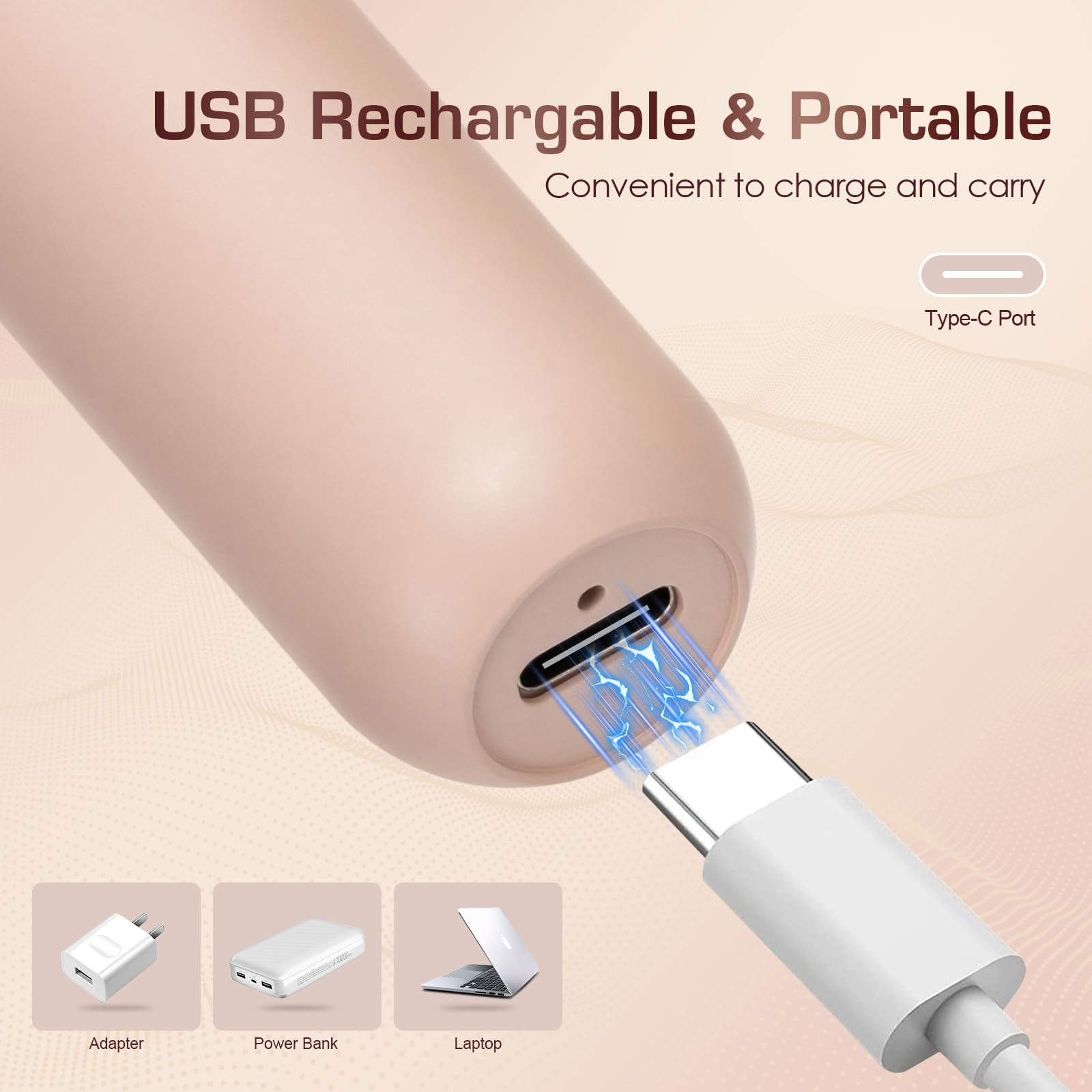 Ein rosafarbener USB-C-Anschluss wird gezeigt, mit einem Kabel, das angeschlossen wird.