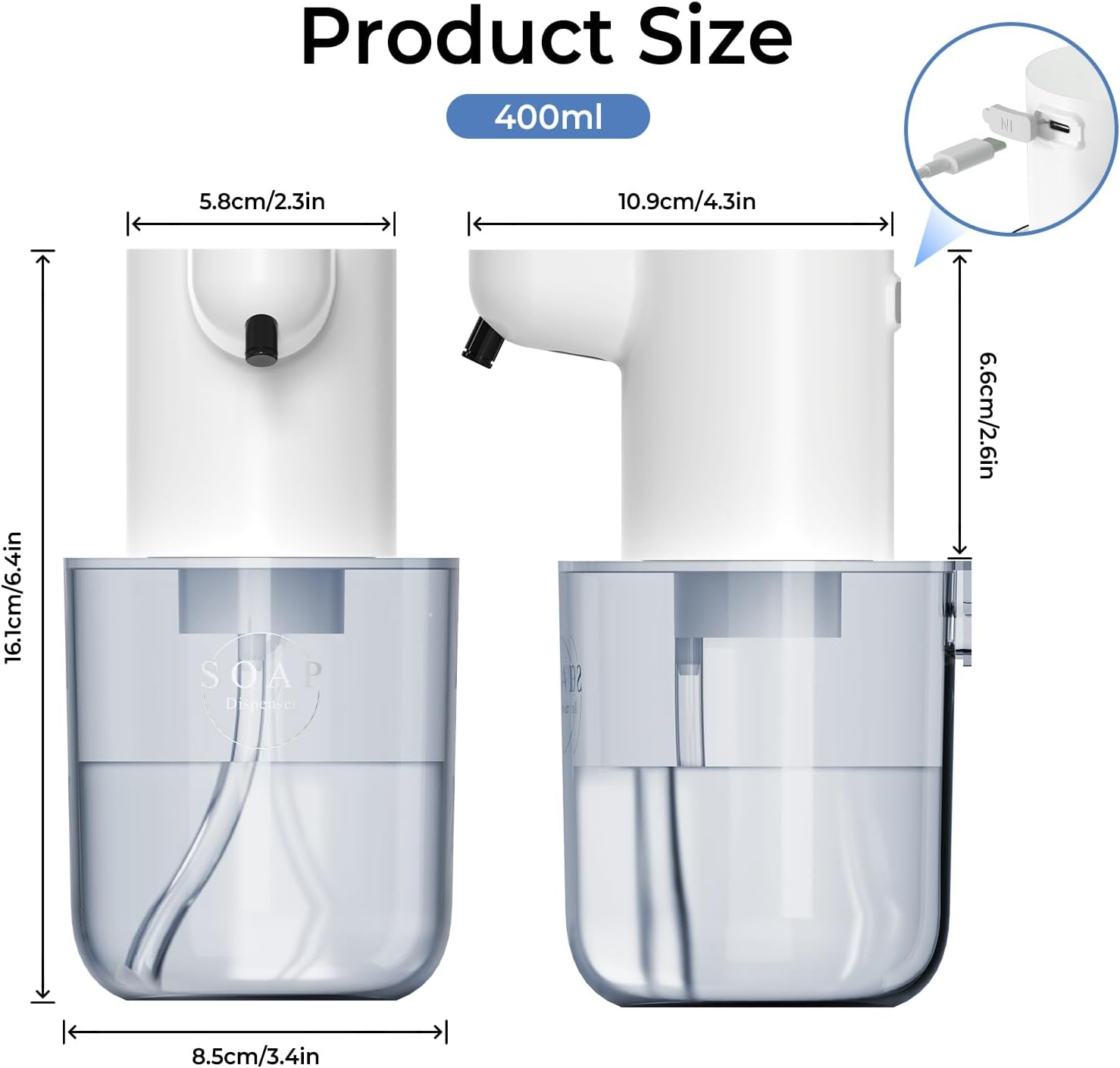 Produktgrößentabelle für einen 400ml weißen automatischen Seifenspender mit Maßen.