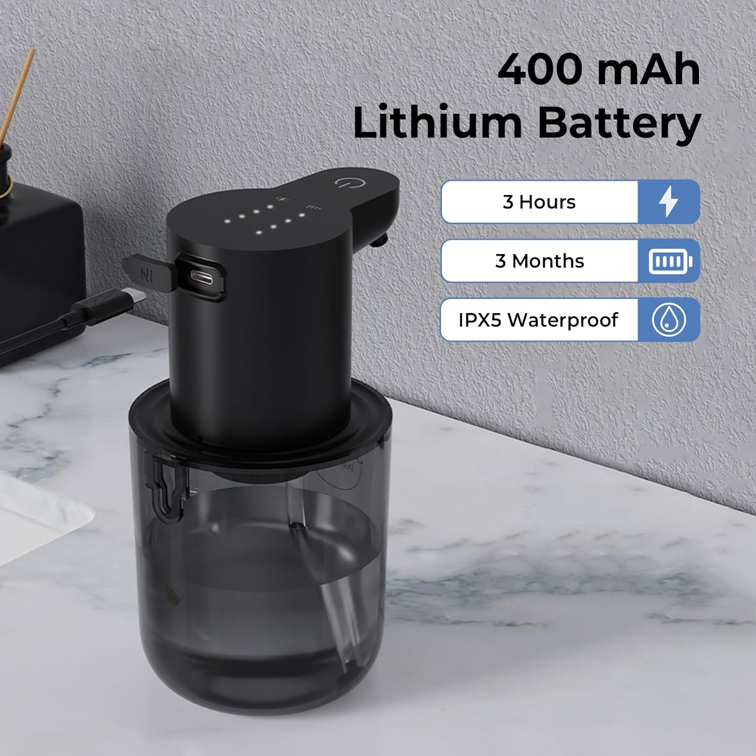 Schwarzer Seifenspender mit 400 mAh Akku, USB-C Ladekabel, 3 Std. Laufzeit, IPX5 wasserdicht.