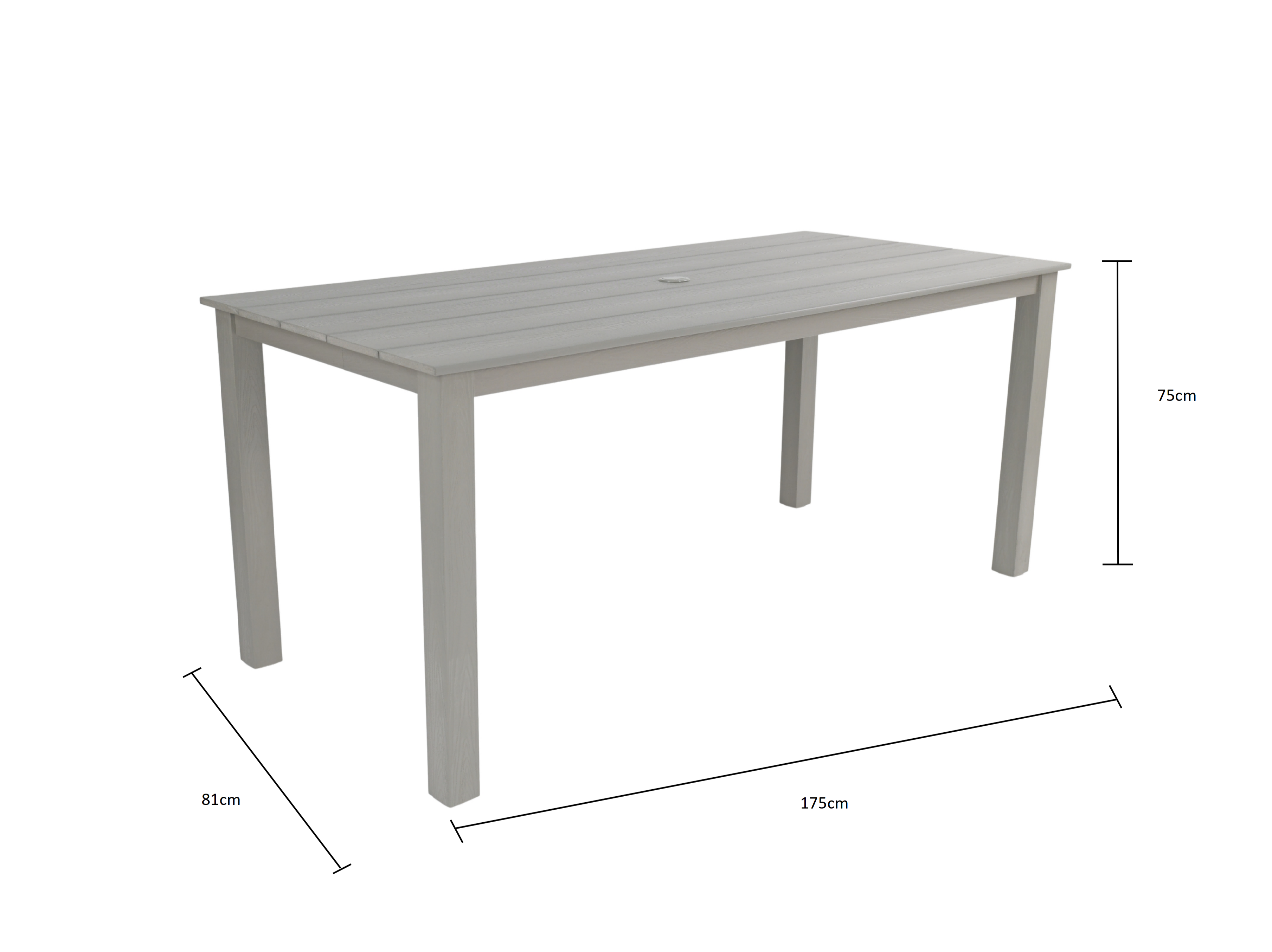 Grauer Holztisch mit Lamellenplatte, 175x81x75cm.