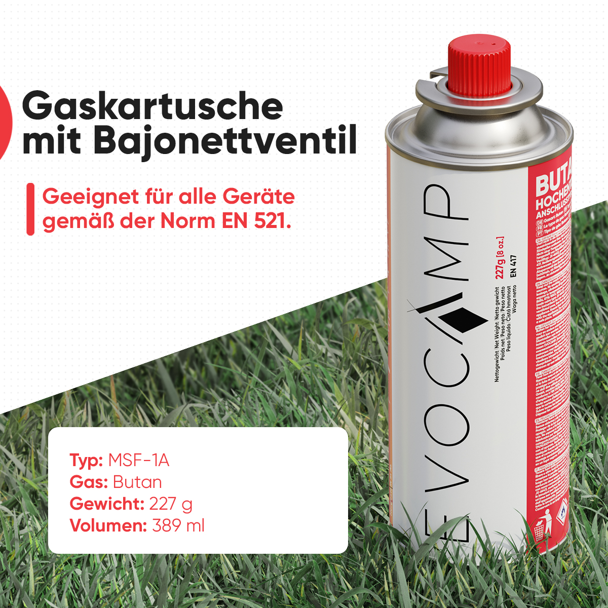 Eine Gaskartusche mit Bajonettventil, 227g, steht auf Gras.