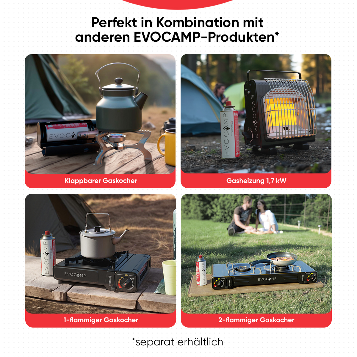 Vier EVOCAMP-Campingprodukte: Kocher, Heizung und Zubehör.