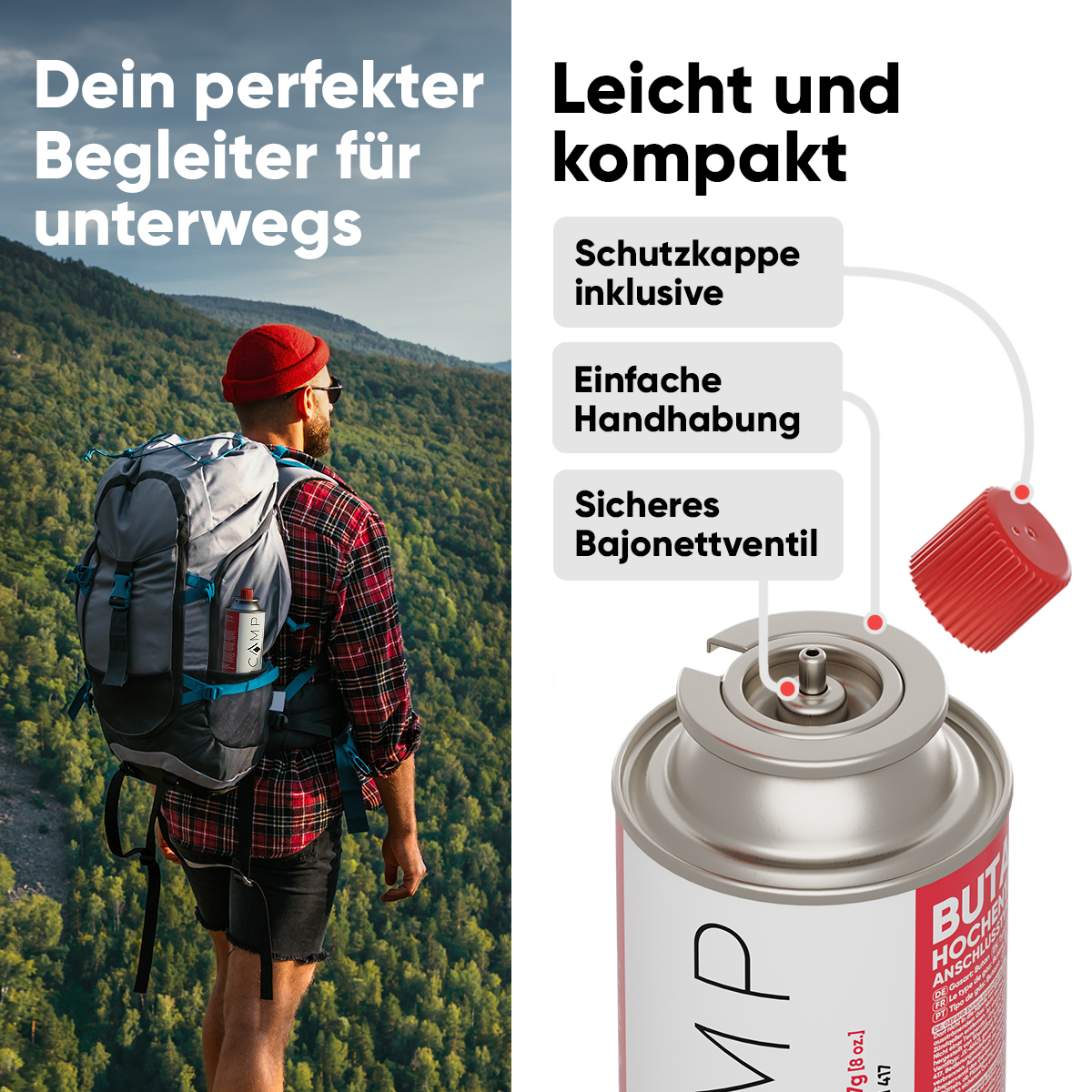 Mann mit Rucksack schaut auf Landschaft. Gaskartusche mit roter Kappe.