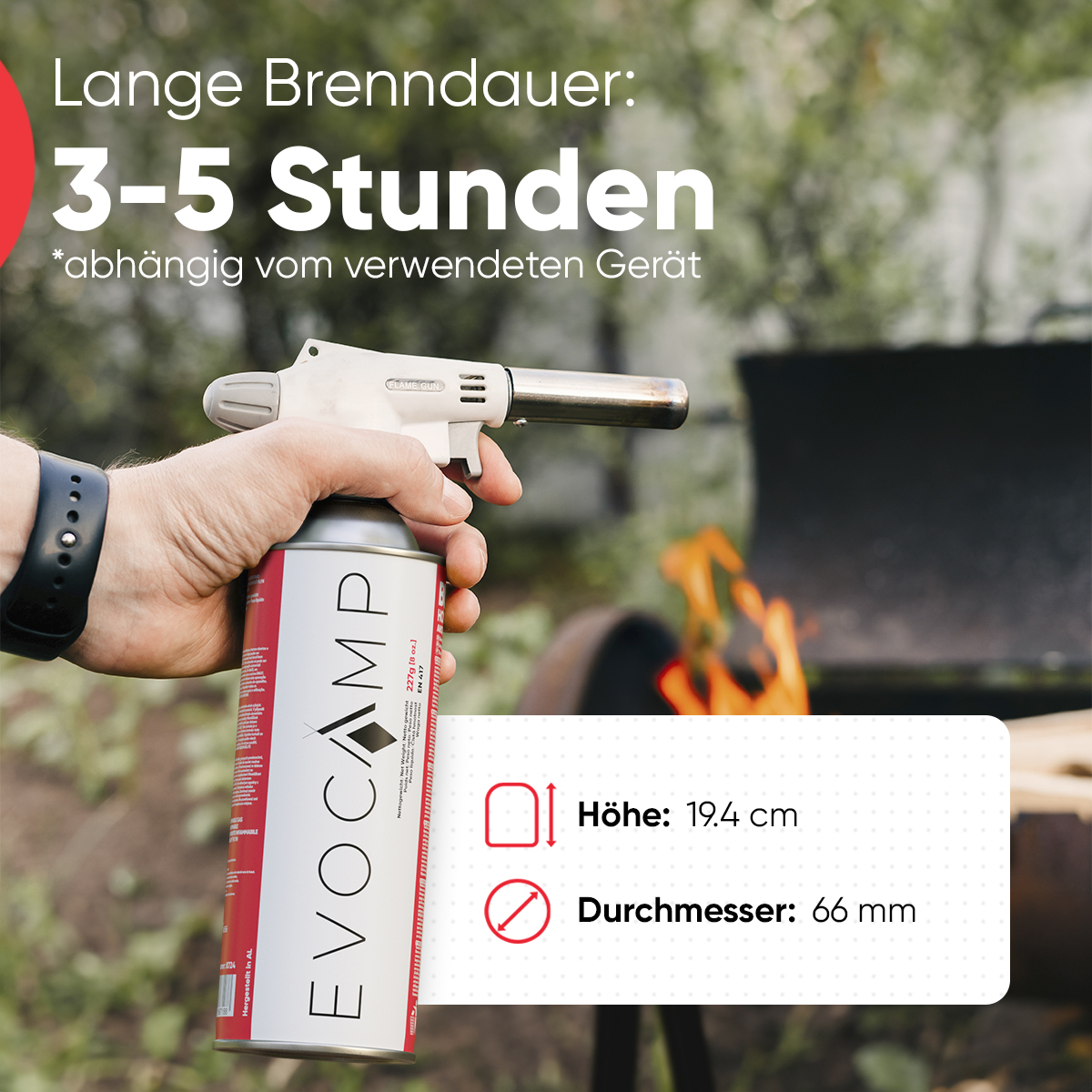 Hand hält eine Gasflasche und einen Brenner, mit Text über Brenndauer und Maßen.