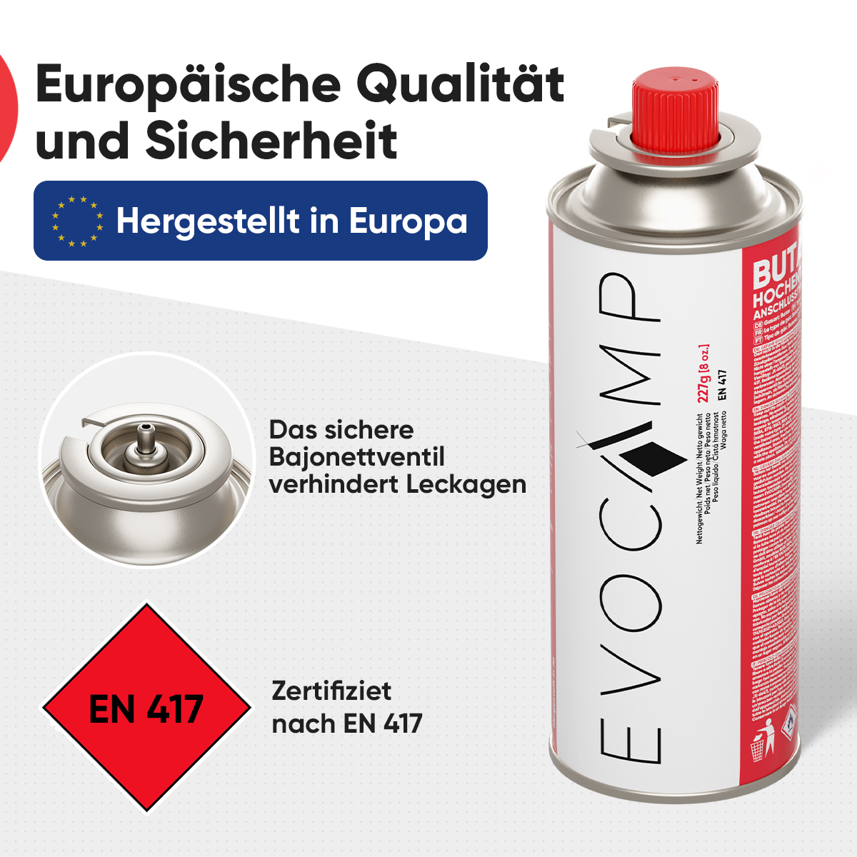 Eine EVOCAMP Gaskartusche mit Bajonettventil, zertifiziert nach EN 417.