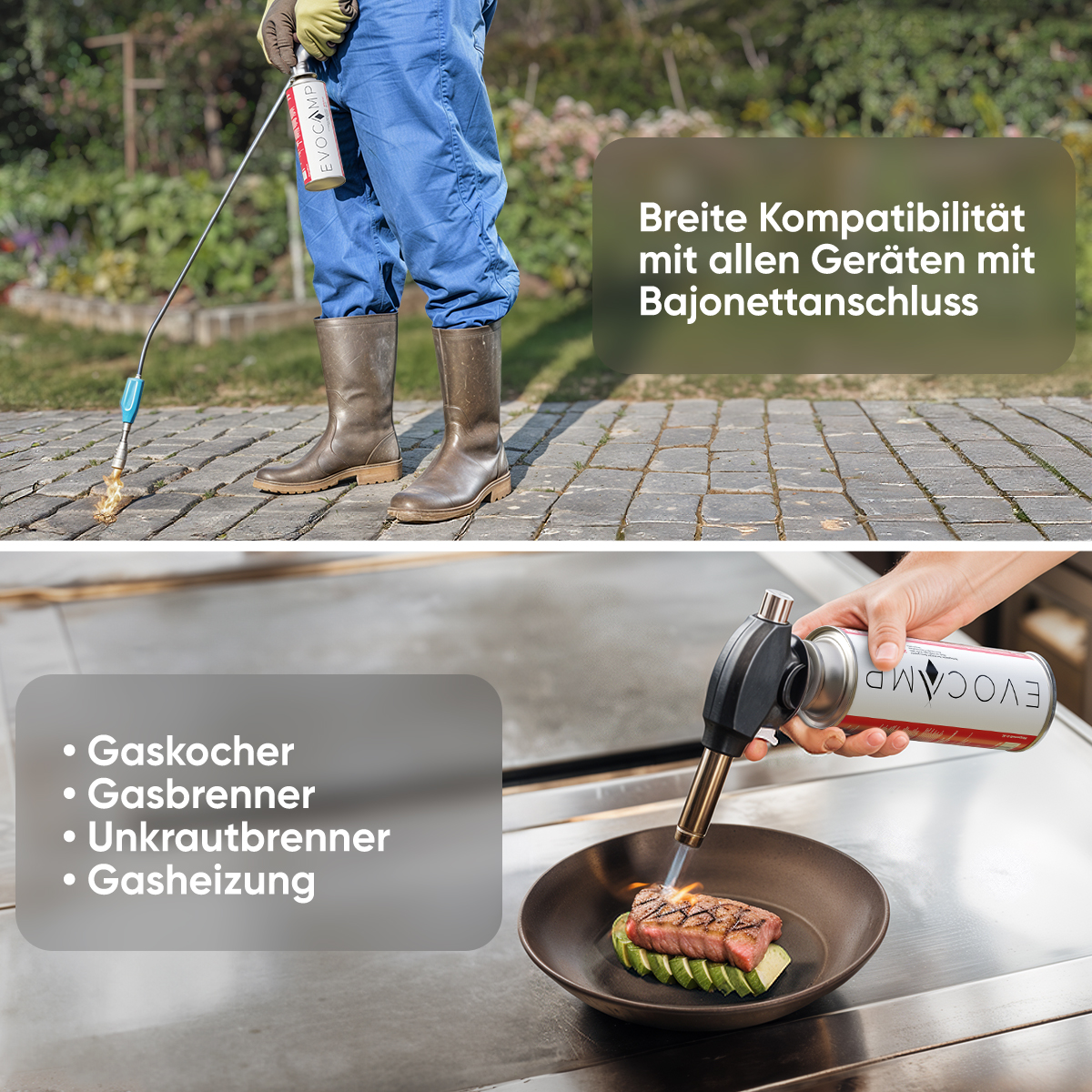 Person mit Gasbrenner auf Kopfsteinpflaster und beim Anbraten von Steak mit Avocado.