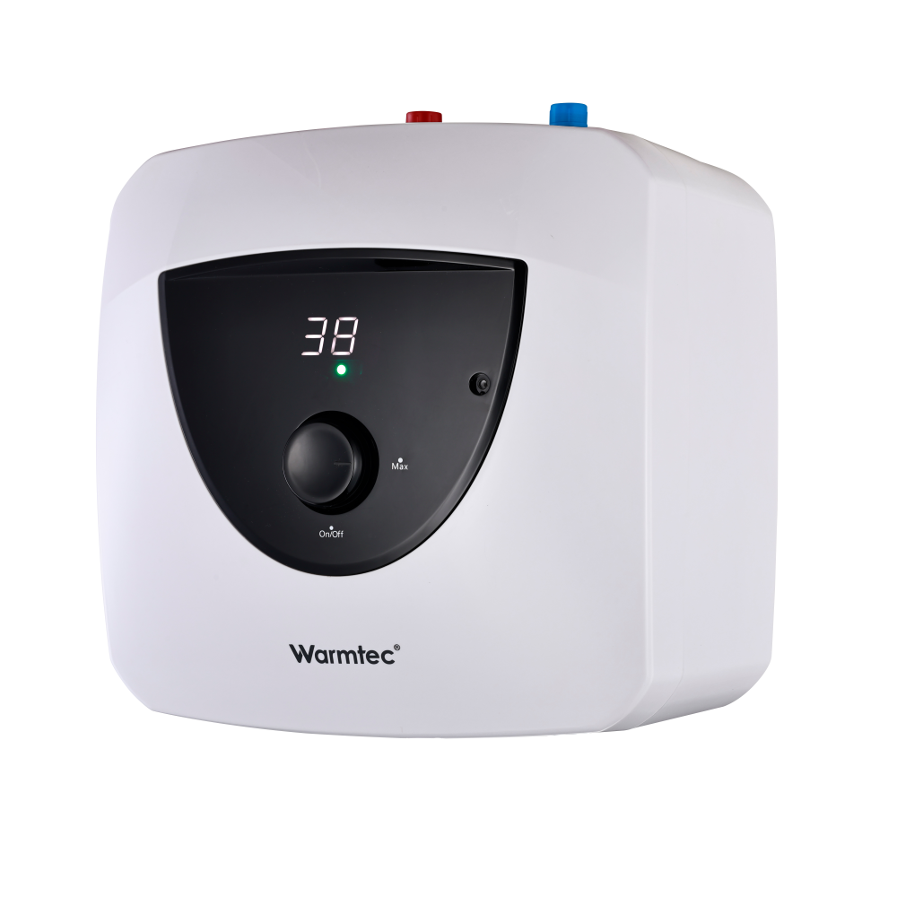 Biały podgrzewacz wody Warmtec z cyfrowym wyświetlaczem pokazującym 38.