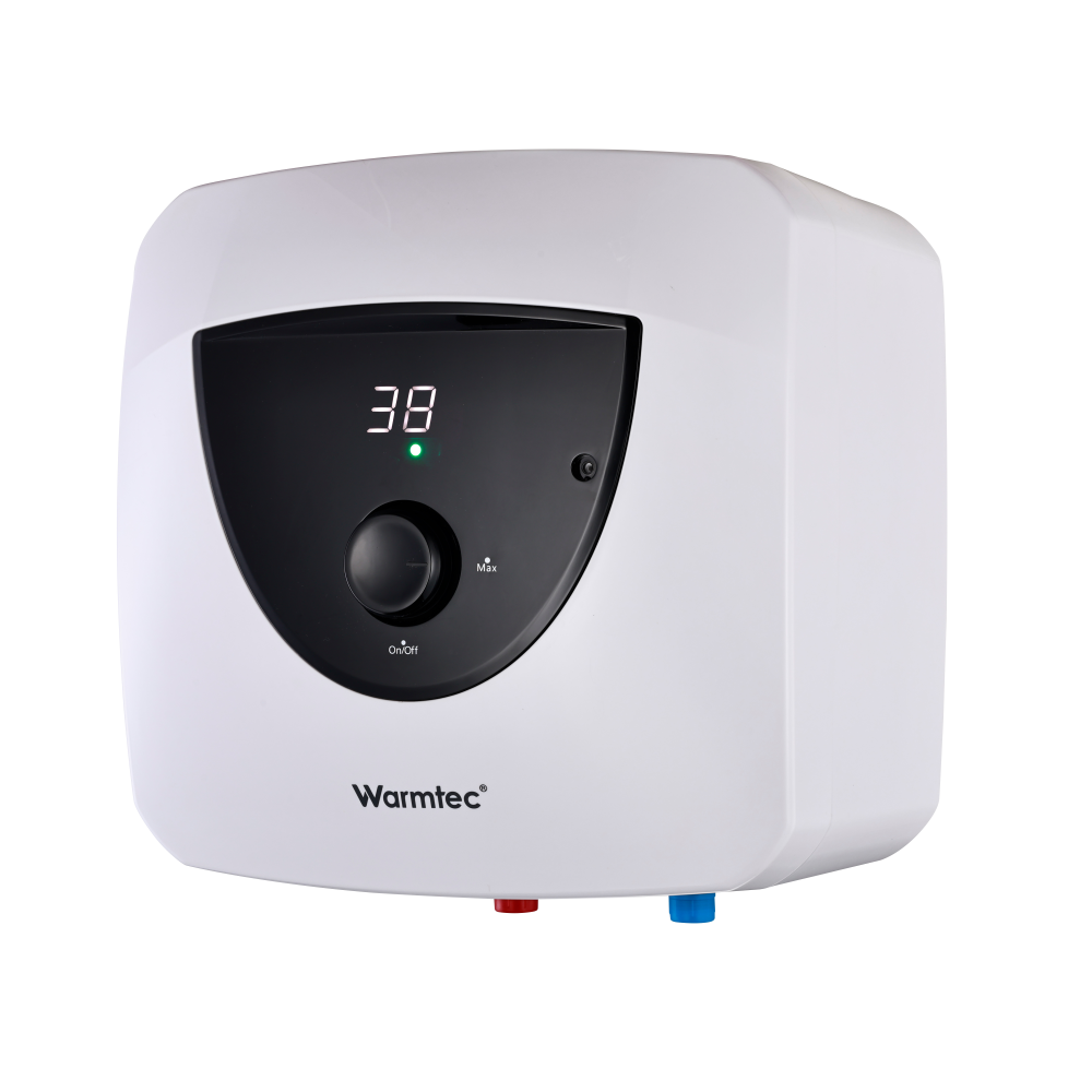 Biały podgrzewacz wody Warmtec z cyfrowym wyświetlaczem i pokrętłem.