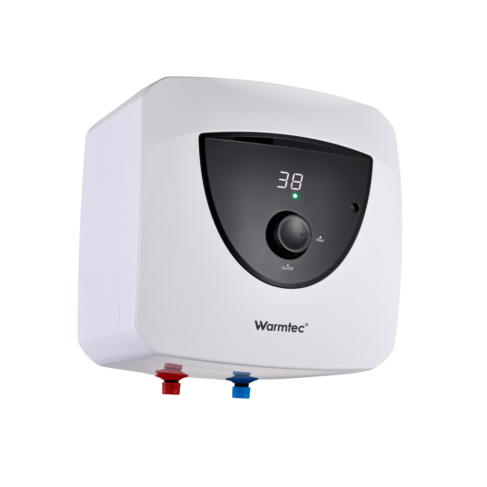 Biały podgrzewacz wody Warmtec z cyfrowym wyświetlaczem pokazującym 38.