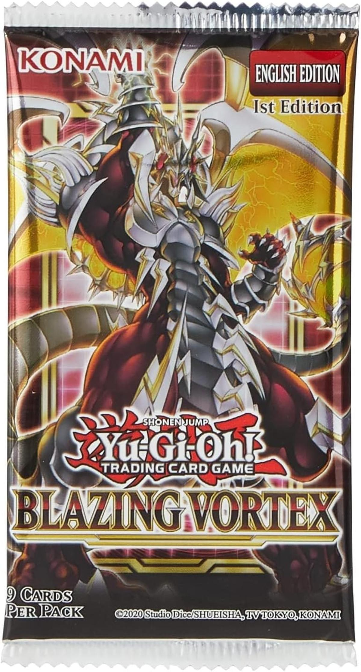 Yu-Gi-Oh! Blazing Vortex Sammelkarten-Packung mit Konami-Logo, englische Erstausgabe.