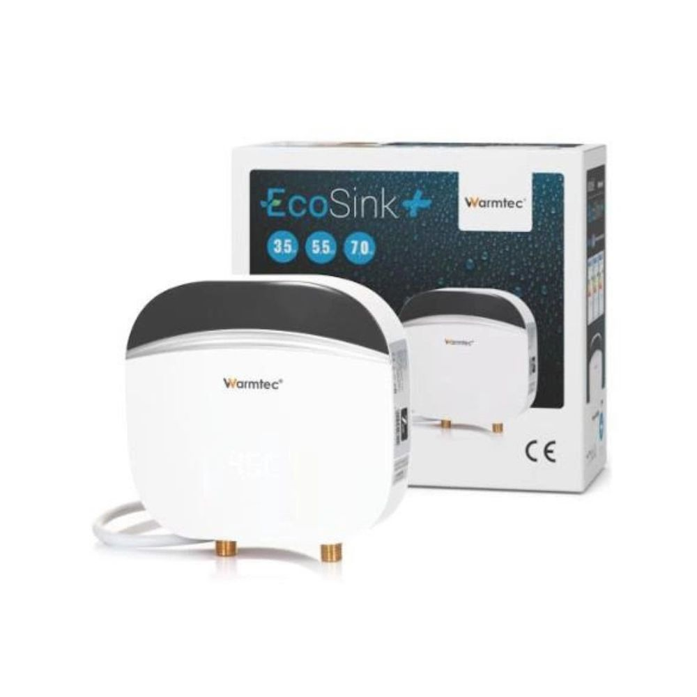Pokazano białą podgrzewacz wody Warmtec EcoSink z cyfrowym wyświetlaczem.