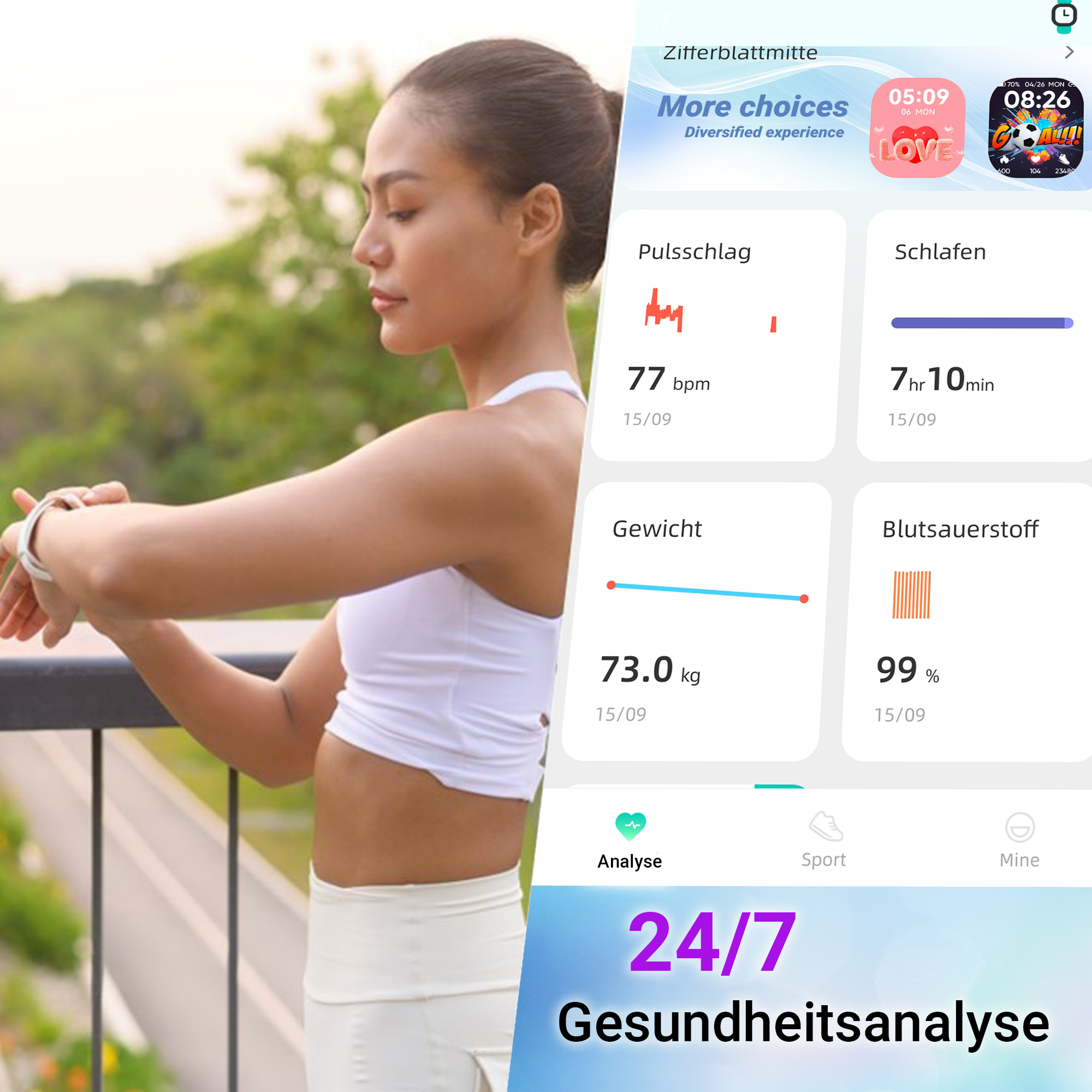 Frau prüft ihre Smartwatch mit Gesundheitsdaten: Puls, Schlaf, Gewicht, Blutsauerstoff.