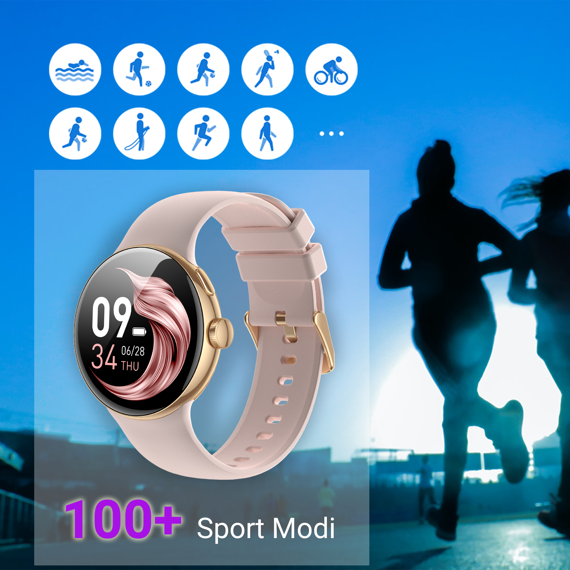 Eine Uhr mit Sportikonen und Läufern im Hintergrund.