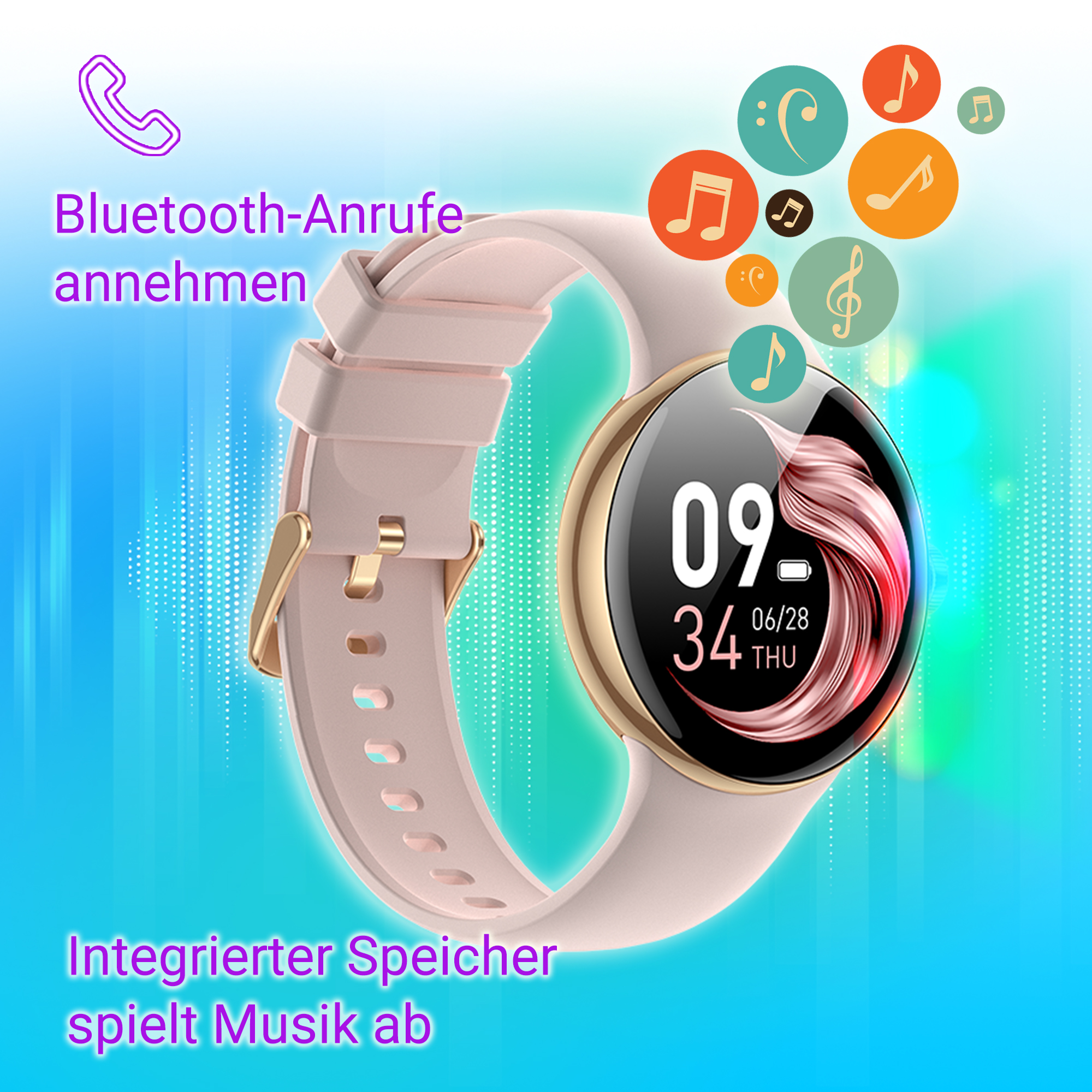 Eine rosafarbene Smartwatch mit Musiknoten und einem Telefonsymbol.