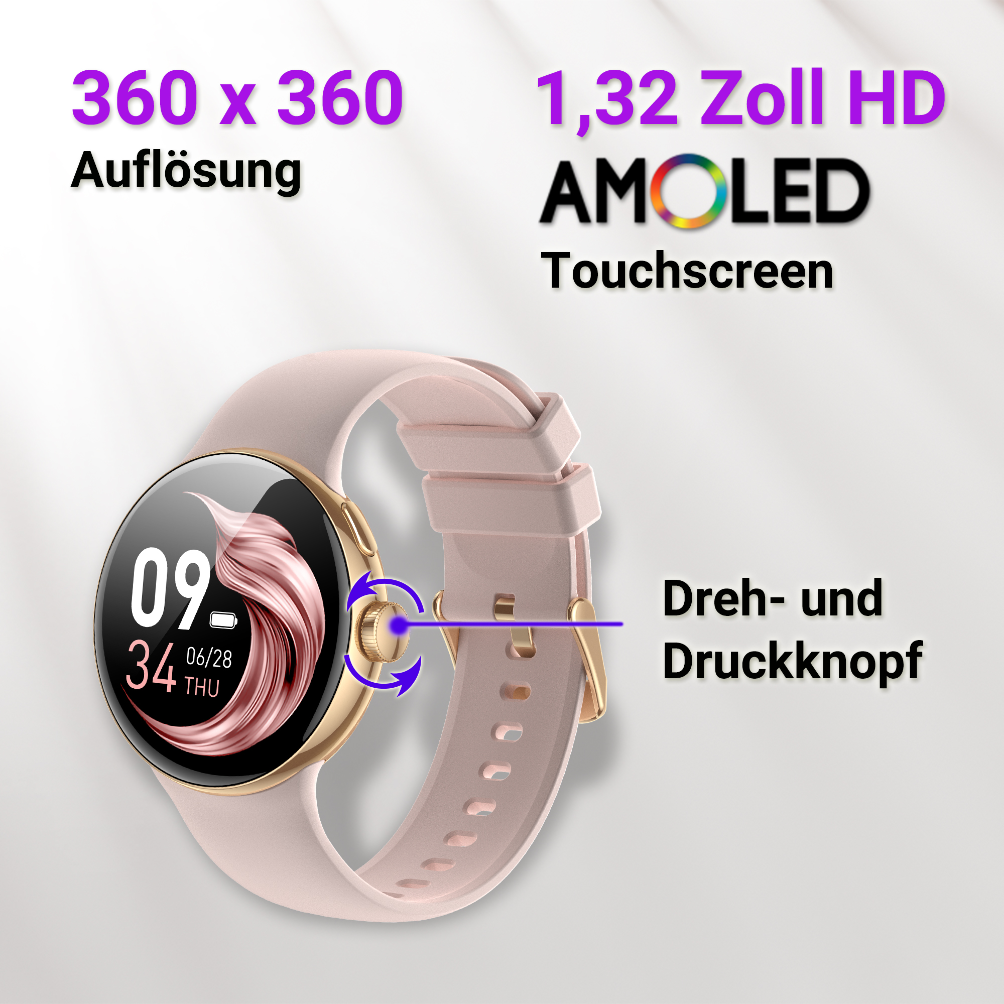 Ein rosa Smartwatch mit goldenem Rand und Drehknopf. 360x360 Auflösung.