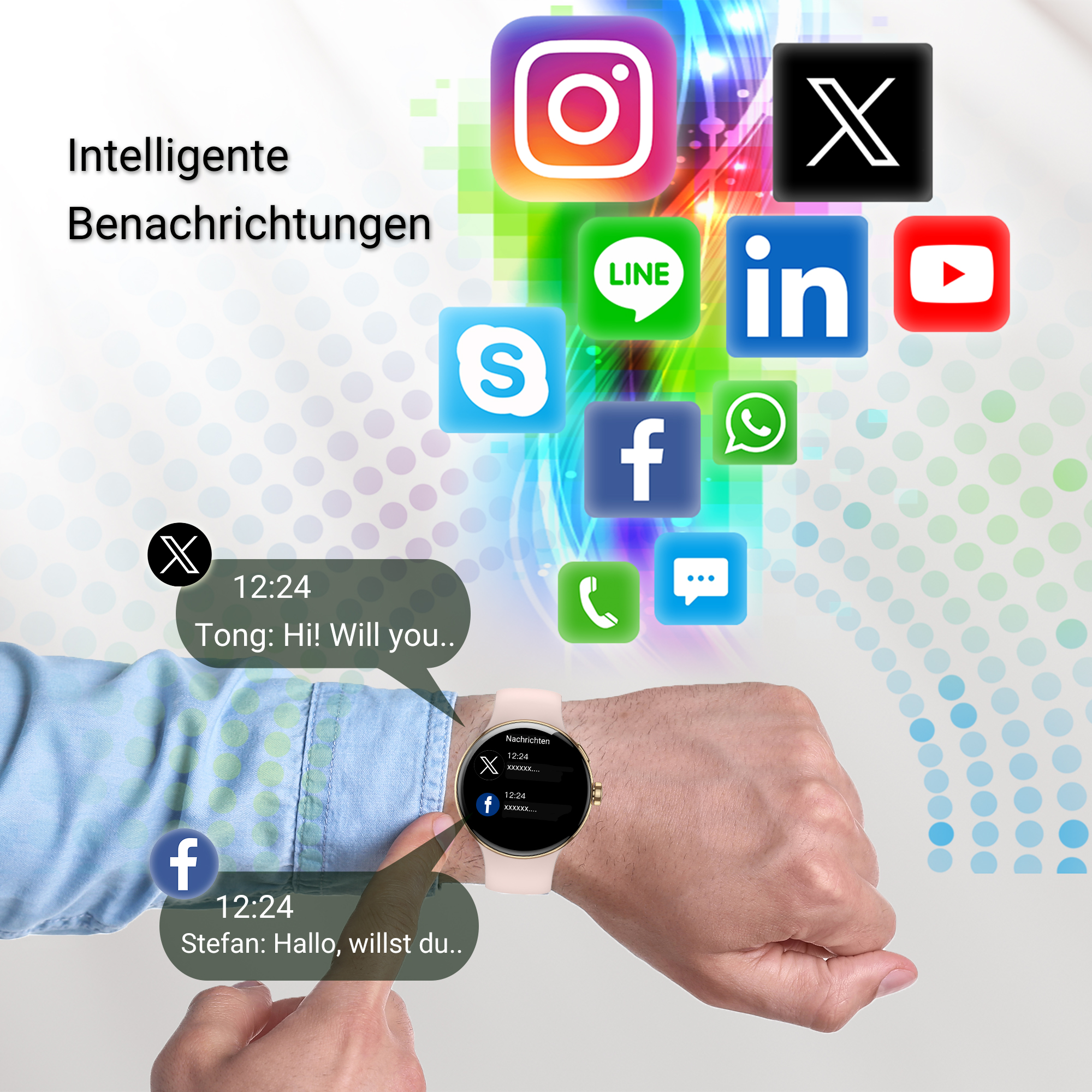 Smartwatch zeigt Benachrichtigungen von sozialen Medien und Nachrichten an.