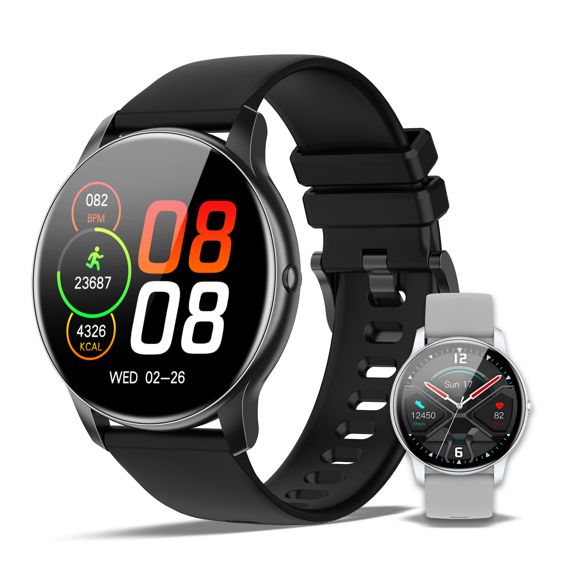Zwei Smartwatches auf weißem Hintergrund, eine schwarz, eine silber-grau.