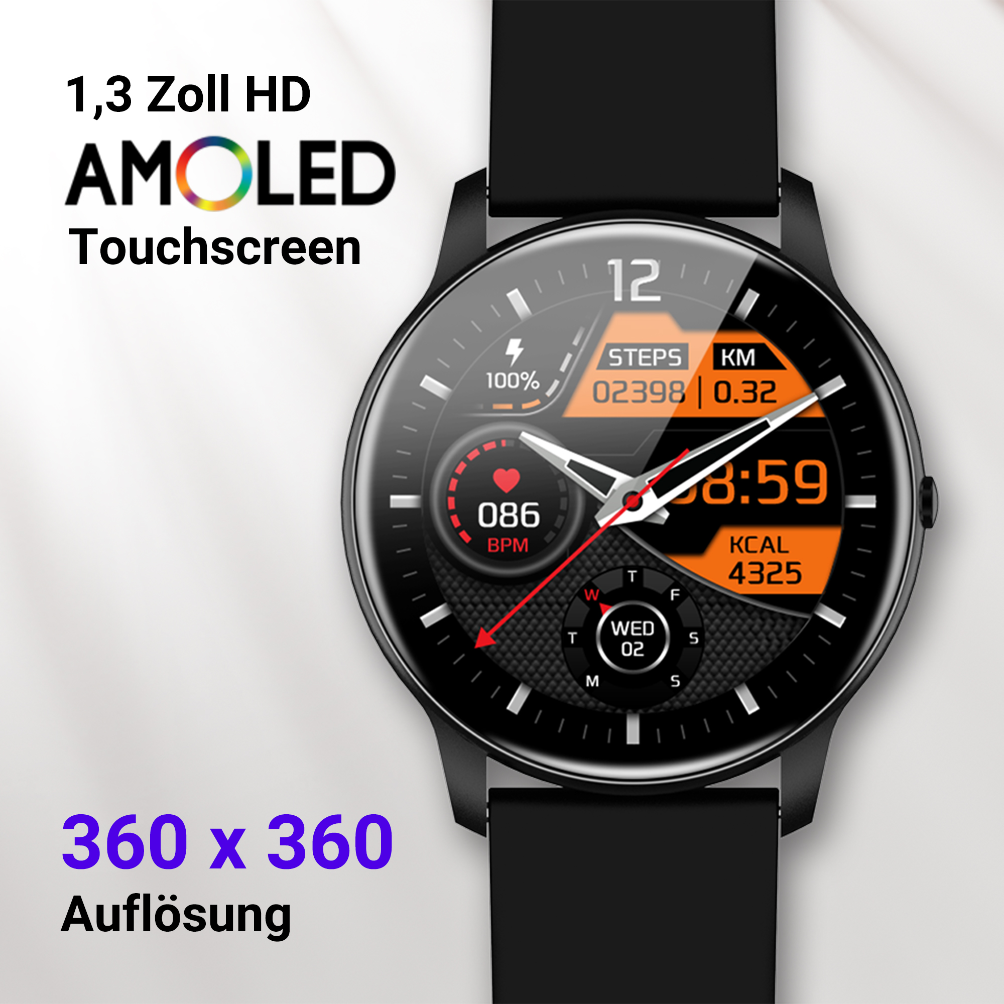 Schwarze Smartwatch mit AMOLED-Display zeigt Uhrzeit, Schritte, KM, BPM und Kcal.