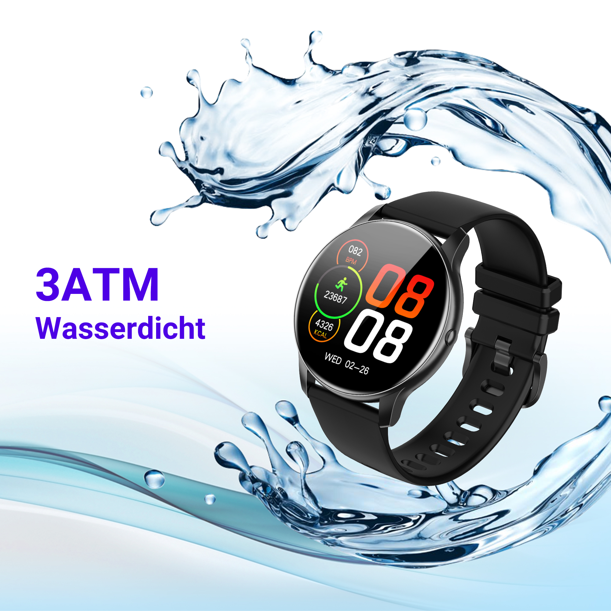 Eine schwarze Smartwatch mit Wasserspritzern und deutscher Aufschrift "3ATM Wasserdicht".