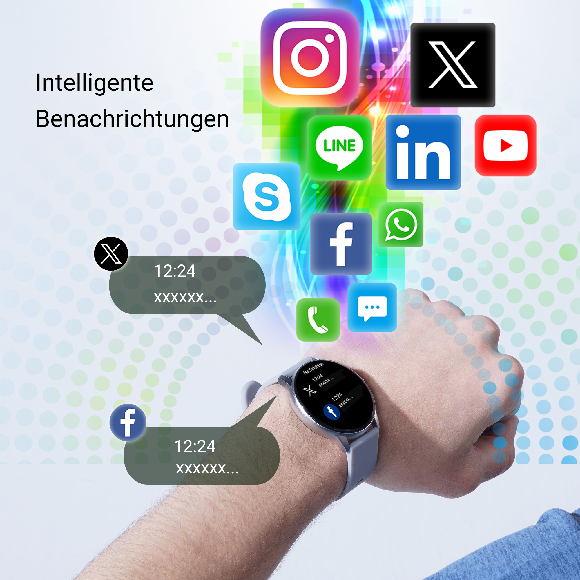 Smartwatch zeigt Benachrichtigungen von sozialen Medien an.