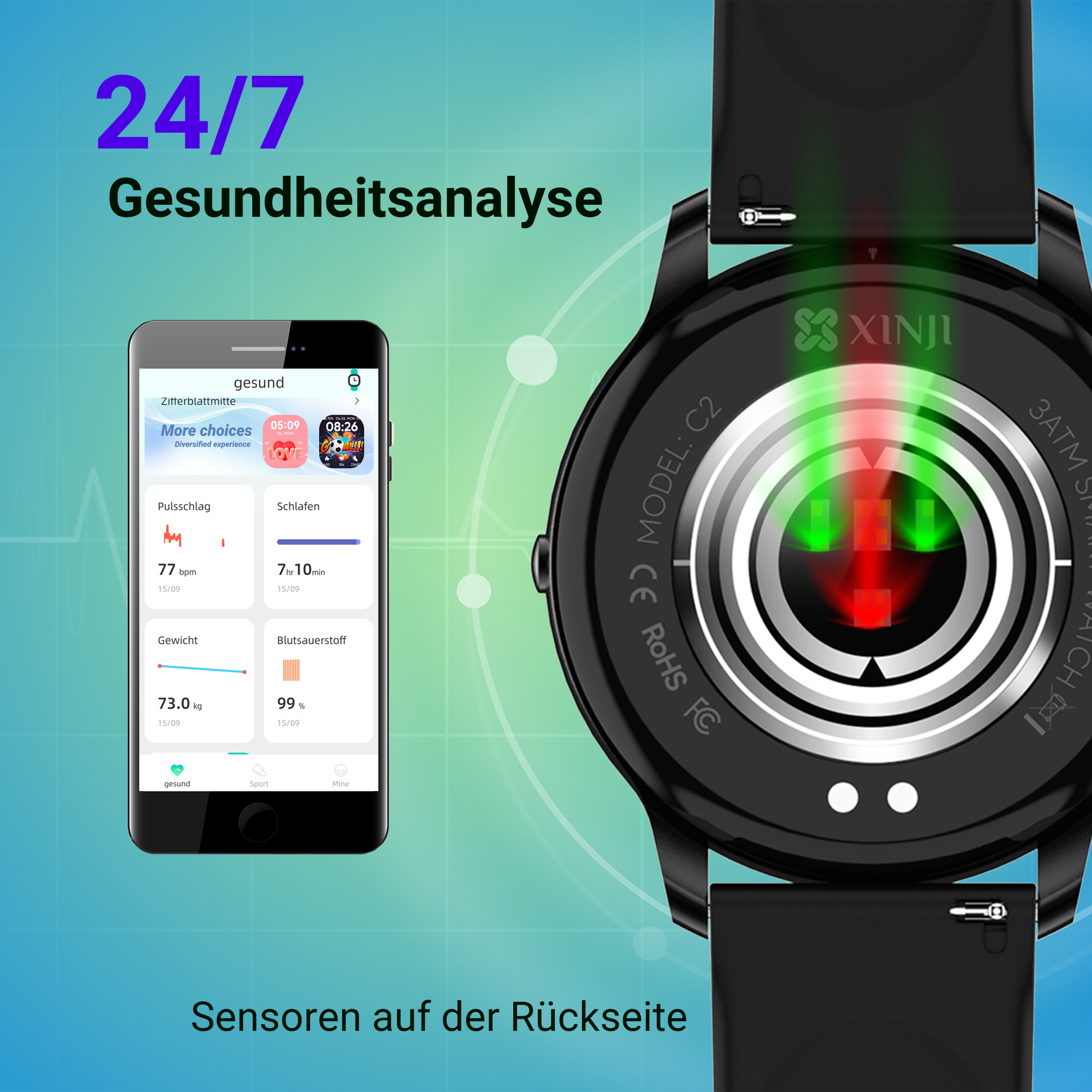 Eine Smartwatch mit einem Smartphone-Display, das Gesundheitsdaten zeigt.