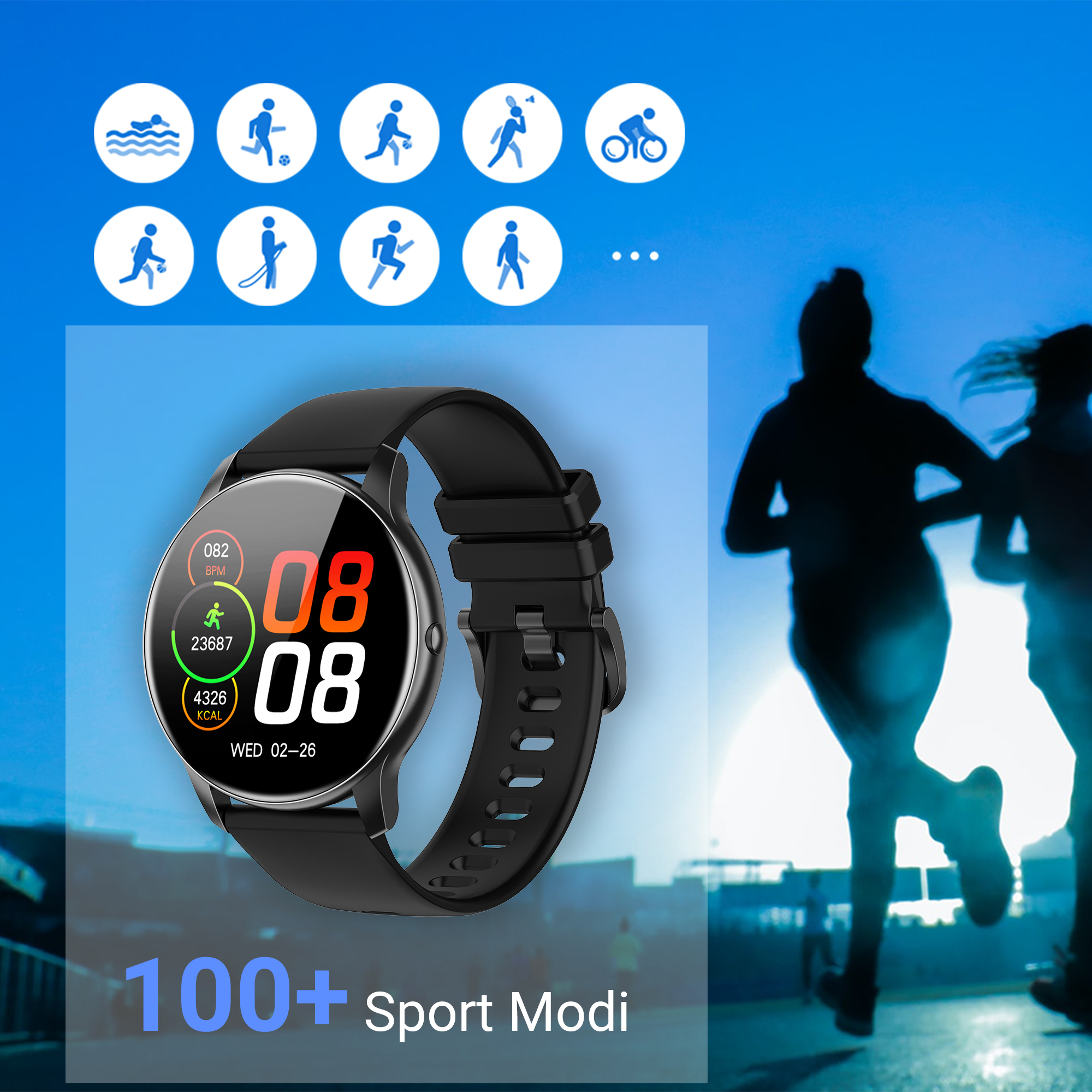 Schwarze Smartwatch zeigt Sportdaten; Icons für Sport; Läufer im Hintergrund.