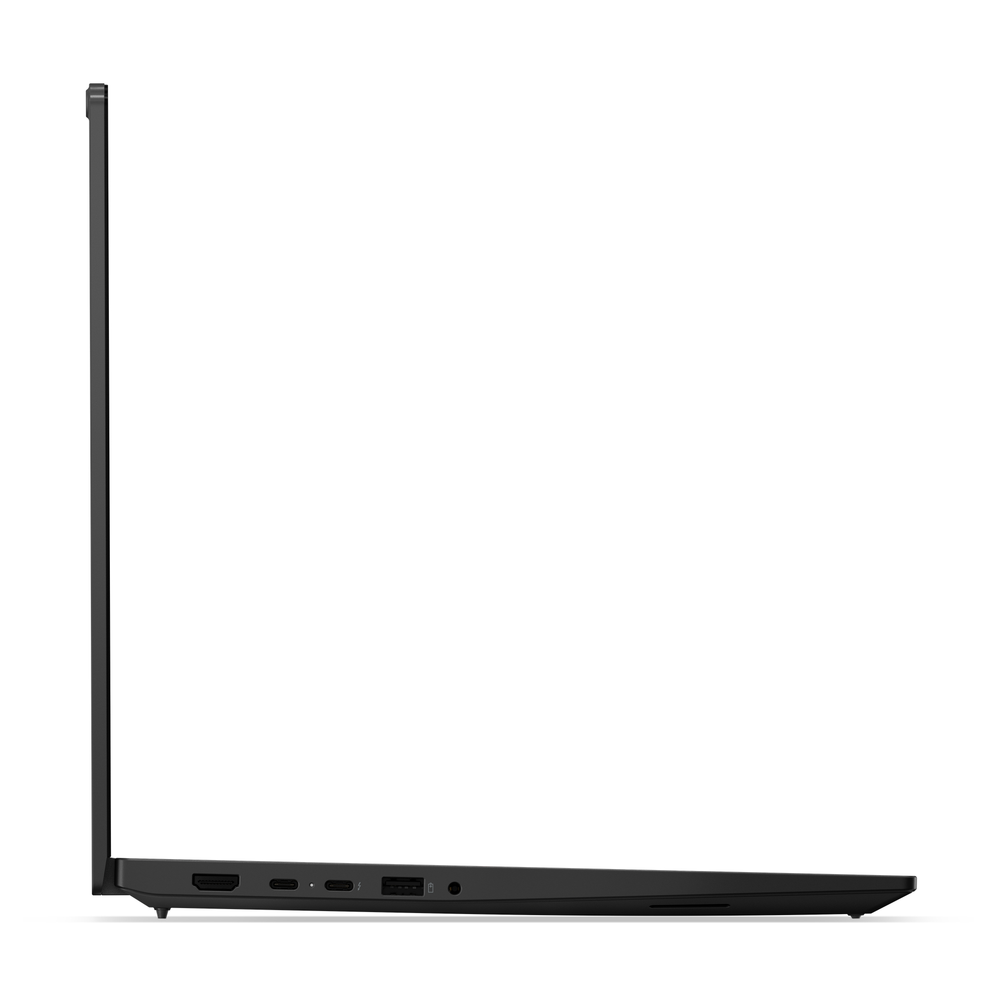 Vista laterale di un laptop nero con porte: HDMI, USB-C, USB-A e jack per cuffie.